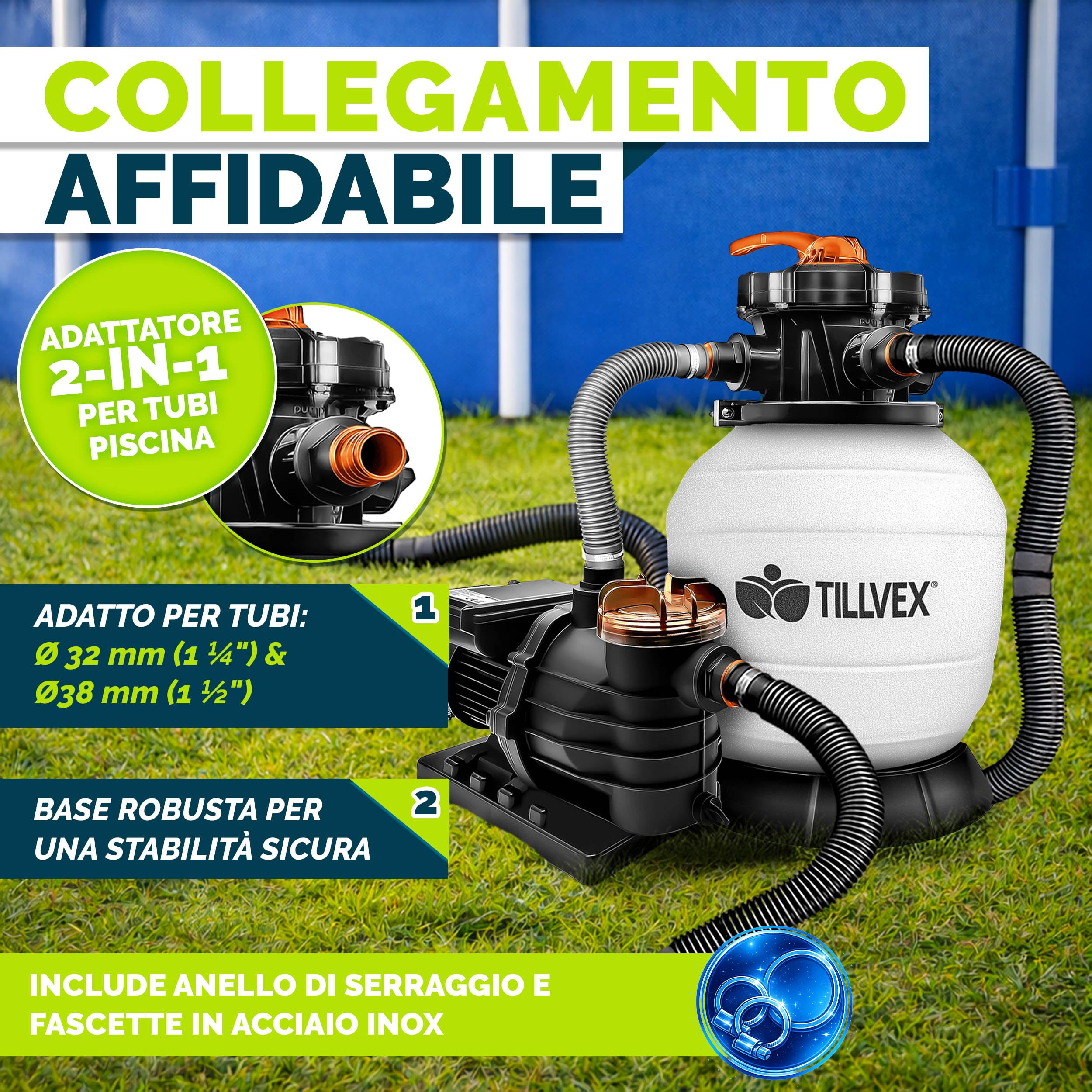 tillvex Pompa Filtro Piscina Portata 13.200L/h fino 40.000L | 7 funzioni filtrazione | Adattatore 2in1 Ø32-38mm + indicatore pressione | Filtro sabbia piscine (Bianco/Arancione)