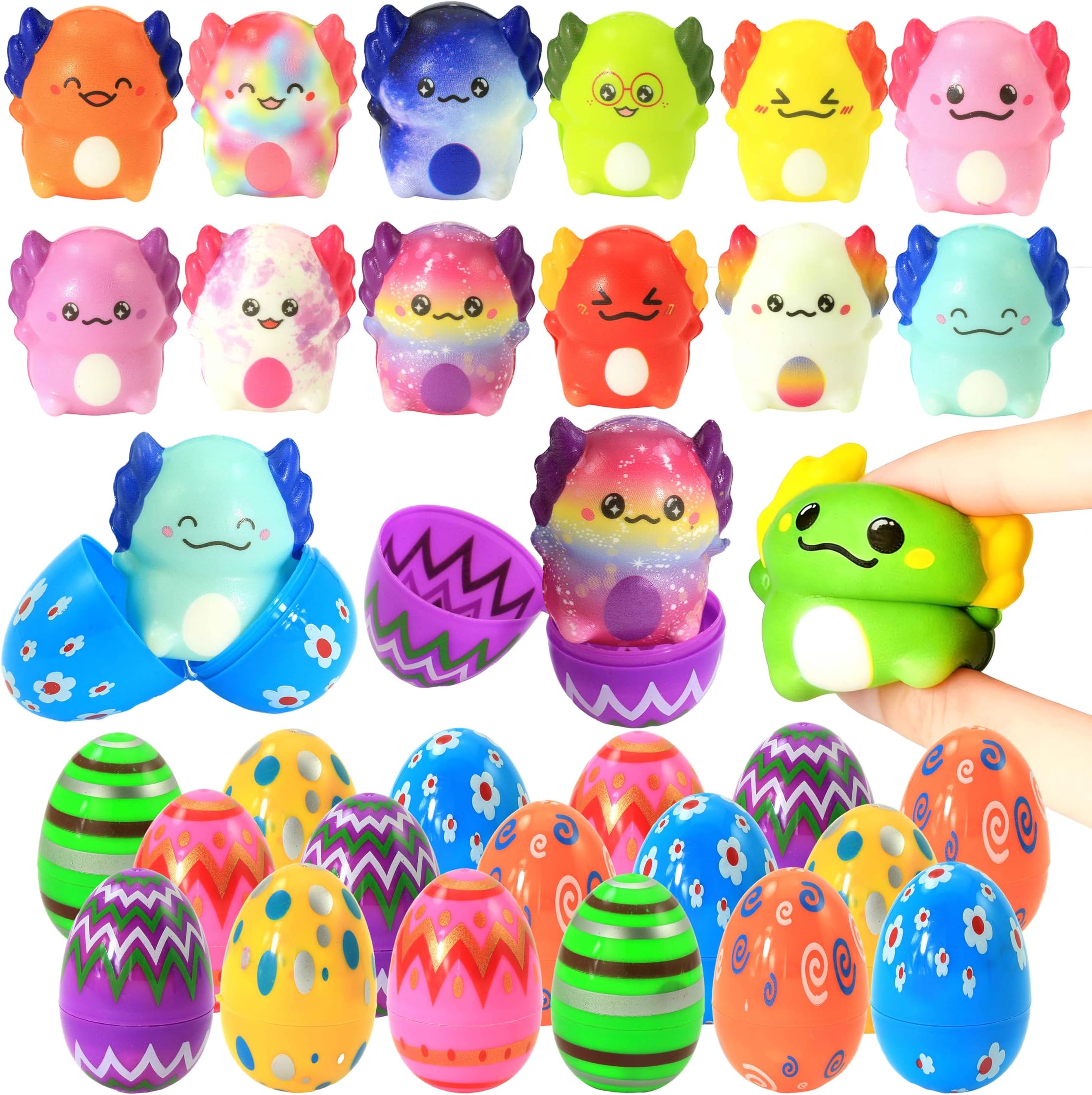 24 Pcs Prefilled Easter Eggs with Slow Squishy Toys, Easter Eggs Filled with Axolotl Toy for Easter Egg Hunt, Easter Basket Stuffers，Party Favor for Kids