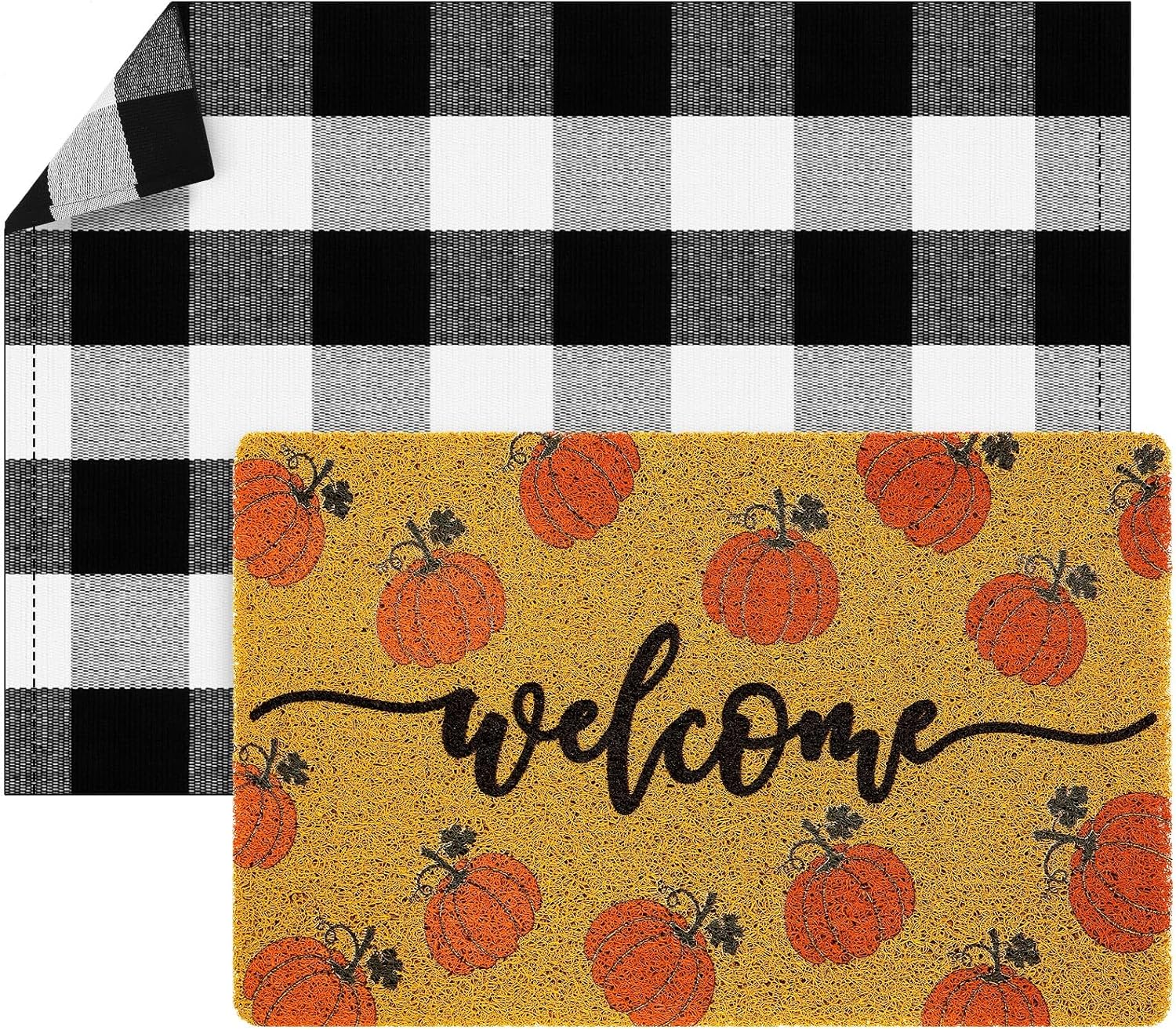 Fabbay 2 Pcs St. Patrick's Day Welcome Doormat Layered Buffalo Plaid Rug Shamrocks Coir Mats for Irish Clover Entrance Door Porch Indoor Outdoor Decor(Plaid, Pumpkin Leaf,Black, White) Black, White Plaid, Pumpkin Leaf