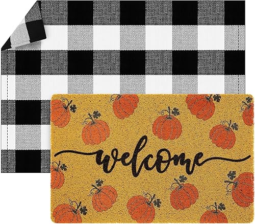 Fabbay 2 tapetes de bienvenida de otoño para Halloween, otoño, al aire libre, felpudo de calabaza, alfombra a cuadros de búfalo en capas para puerta