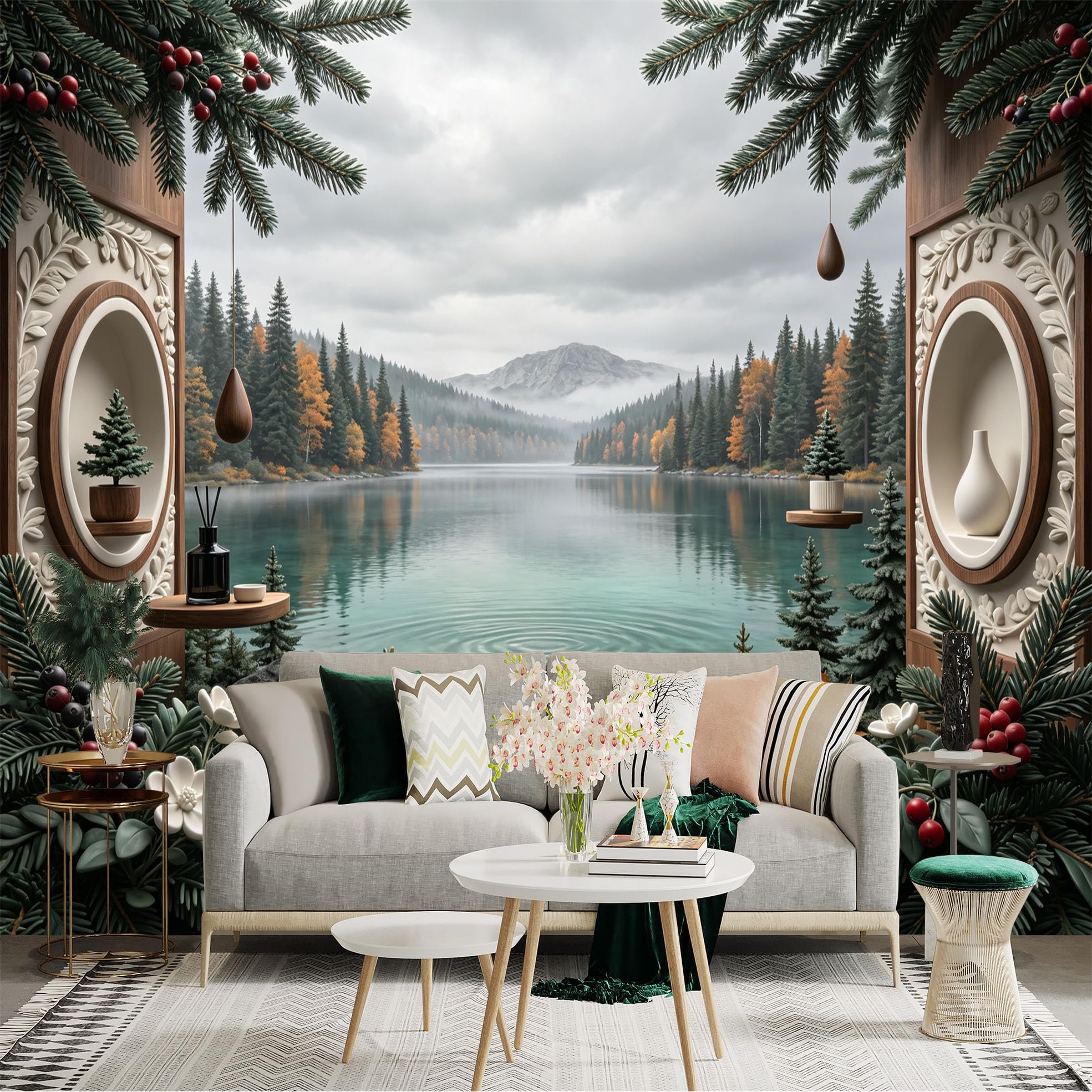 Lnzczhyre Bh260719442 Custom Size Wall Sticker Mural， Scenic Lakeside View With Autumn Forest And Pine Branches， For Wall Decoration， Peelandstick Wall Decals.