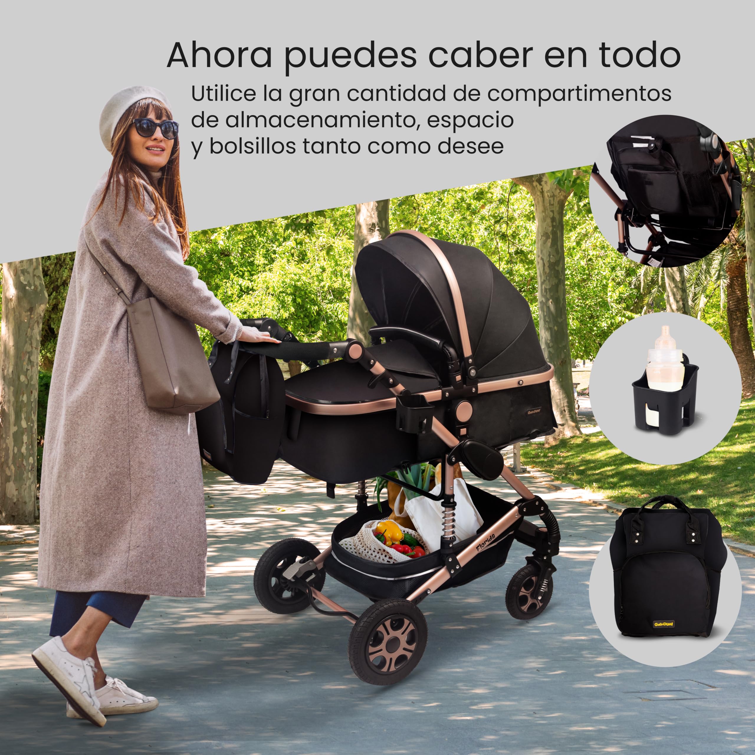 GaGaGaDumi Florida 3 en 1 cochecito completo con asiento de coche - Baby Stroller 3 en 1 TÜV - Cochecito combinado 3 en 1 juego completo de neumáticos completos, bolsa de pañales, Negro/negro
