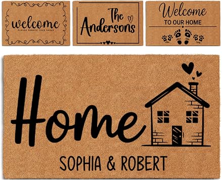 Personalized Welcome Mat for Front Door, Custom Name & Family Last Name, Your Custom Text & Ready Design Door Mats, 1/2 Inch Thick Natural Coir, Outdoor Housewarming Gift