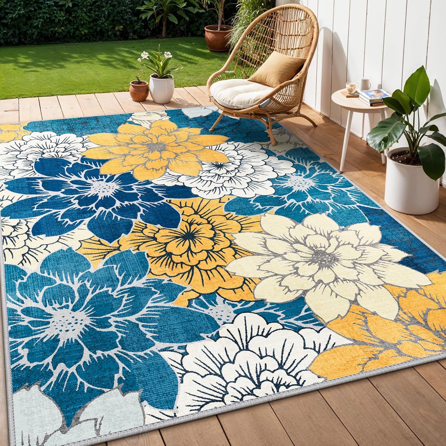 GENIMO Outdoor & Indoor Area Rug 8'x10', Waterproof, Non-Shedding, Easy Cleaning, Abstract Mat for Patio, Living Room, Balcony, Dining Room, Deck, RV, Bedroom, Camping, Outside Carpet, Blue