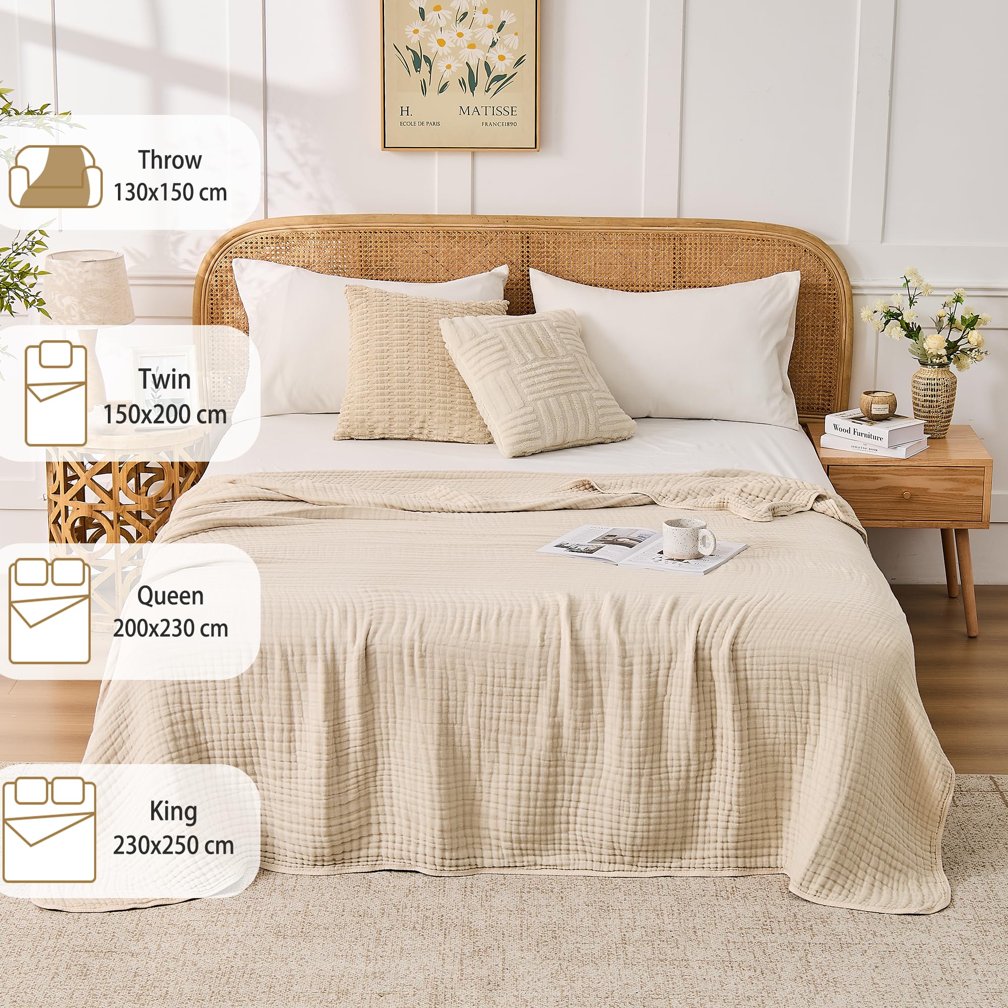 VANJOROY Musselin Tagesdecke 200x230cm-100% Baumwolle 6-Lagen Oeko-Tex Zertifizierte, Weiche Leichte Sommerdecke als Kuscheldecke, Bett-Überwurf, Baumwolldecke für Sofa und Bett. Beige