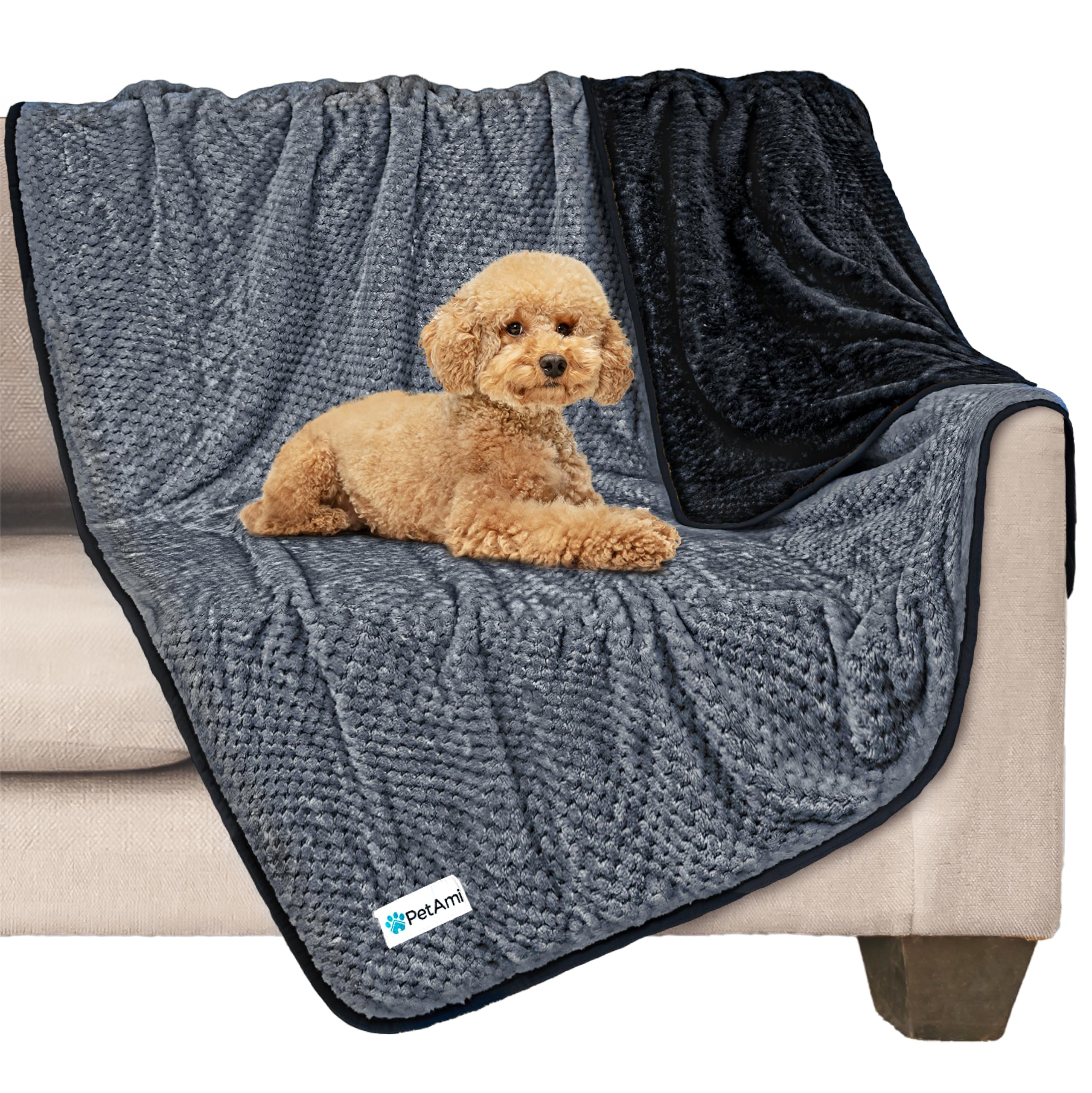PetAmi Waterproof Dog Blanket, Leakproof Puppy Blanket for Medium Large Dogs, Furniture Sofa Couch Cover Protector, Fleece Pet Throw Indoor Cat Kitten, Reversible Washable Soft Plush, 40x60 Black Gray