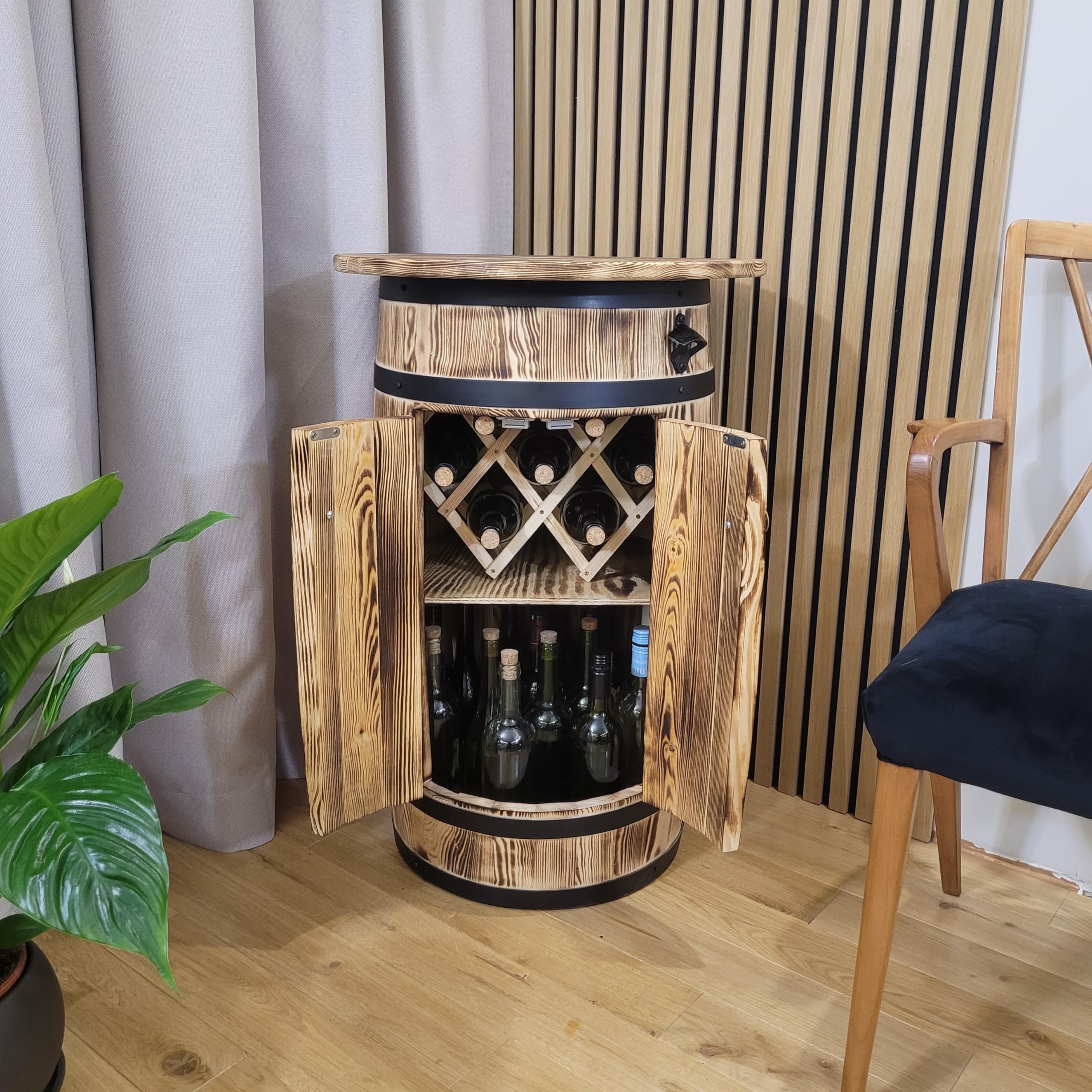 weeco Armoire en bois de pin en forme de tonneau avec étagère et étagère pour 30 à 40 bouteilles - Étagère de bar rustique avec décapsuleur et porte-bouteilles pliable - 80 x 55 x 44 cm - Marron