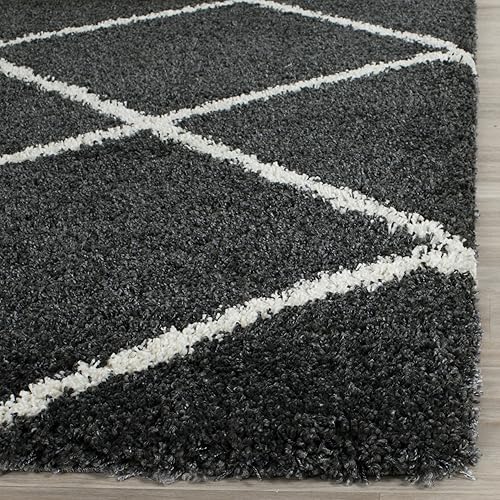 Miniatura 3 de SAFAVIEH Colección Hudson Shag Alfombra de pasillo, 2 pies 3 pulgadas x 6 pies, gris oscuro y marfil, diseño moderno de enrejado, no desprende