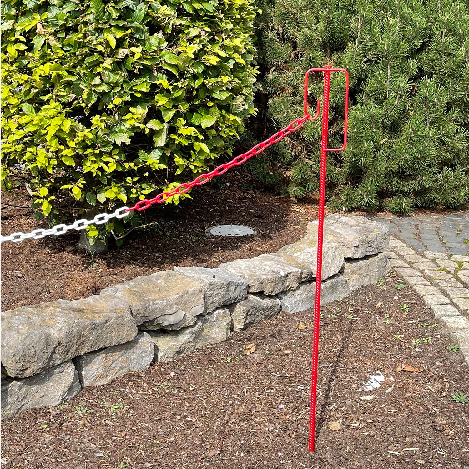UvV Absperrleinenhalter 10 Stück mit Kette Ø 14 x 1200 mm, verschiedene Farbkombinationen, Absperrkette aus Kunststoff 25 Metern Länge wahlweise 6 oder 8 mm Gliederstärke (ROT 6 mm)