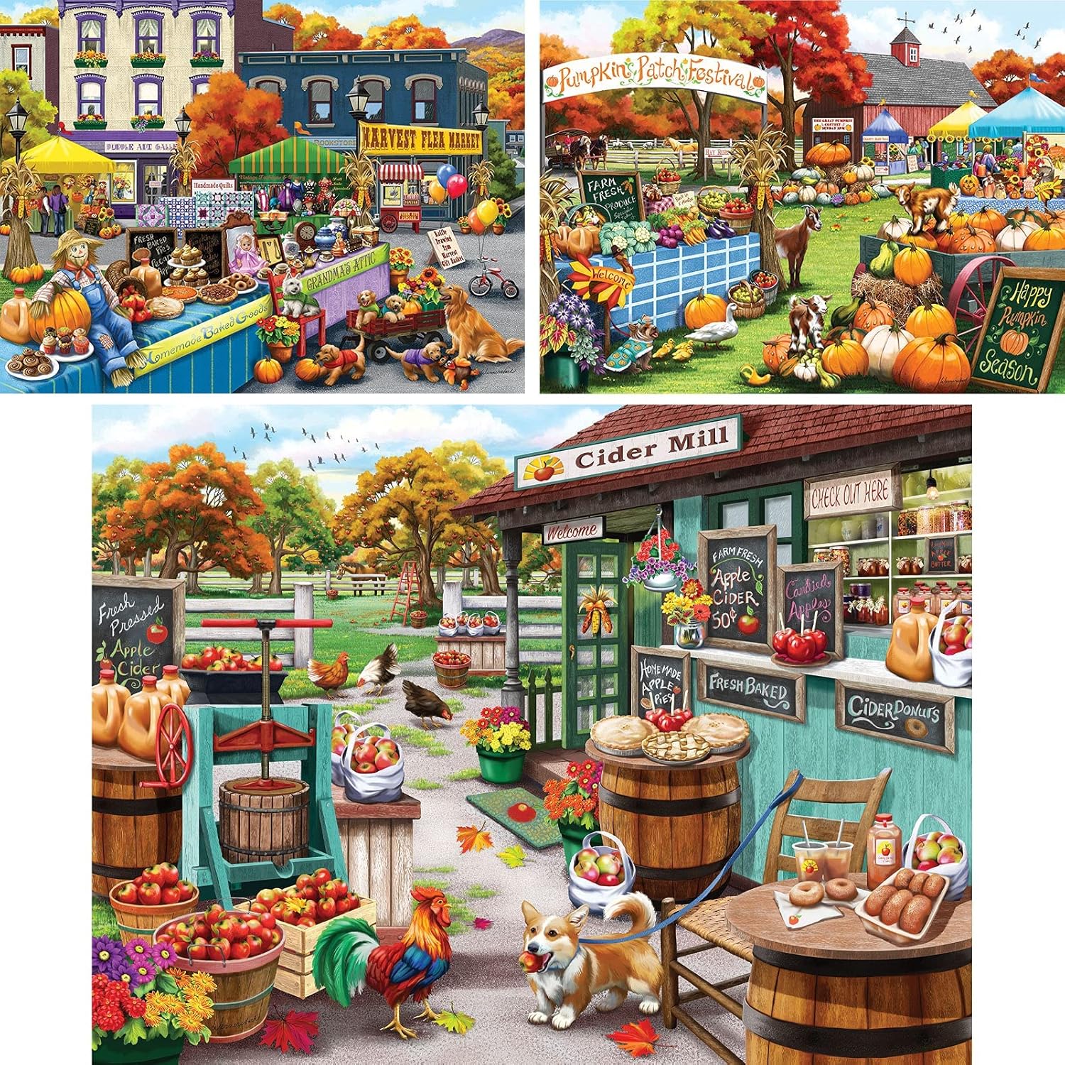 Bits and Pieces – Value Set of Three 300 Piece Jigsaw Puzzles for Adults – Harvest Flea Market, Pumpkin Festival, Visiting The Cider Mill Artist Nancy Wernersbach, Completed Puzzle Size: 18" x 24"