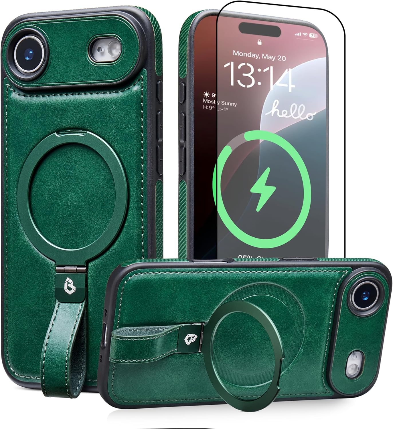 for iPhone Air Leather Case with Stand, Anti-Slip Grip Ring, Fits for MagSafe (Green,IP Air-6.5inch)