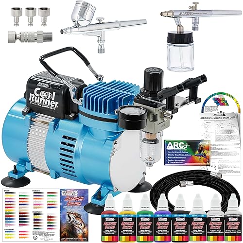 Master Airbrush Cool Runner II Air Brush Kit with Dual Fan Compressor & 2 Airbrushes - Includes 6 Primary Acrylic Paint Colors Artist Set, How-to Guide, Color Chart & Hose