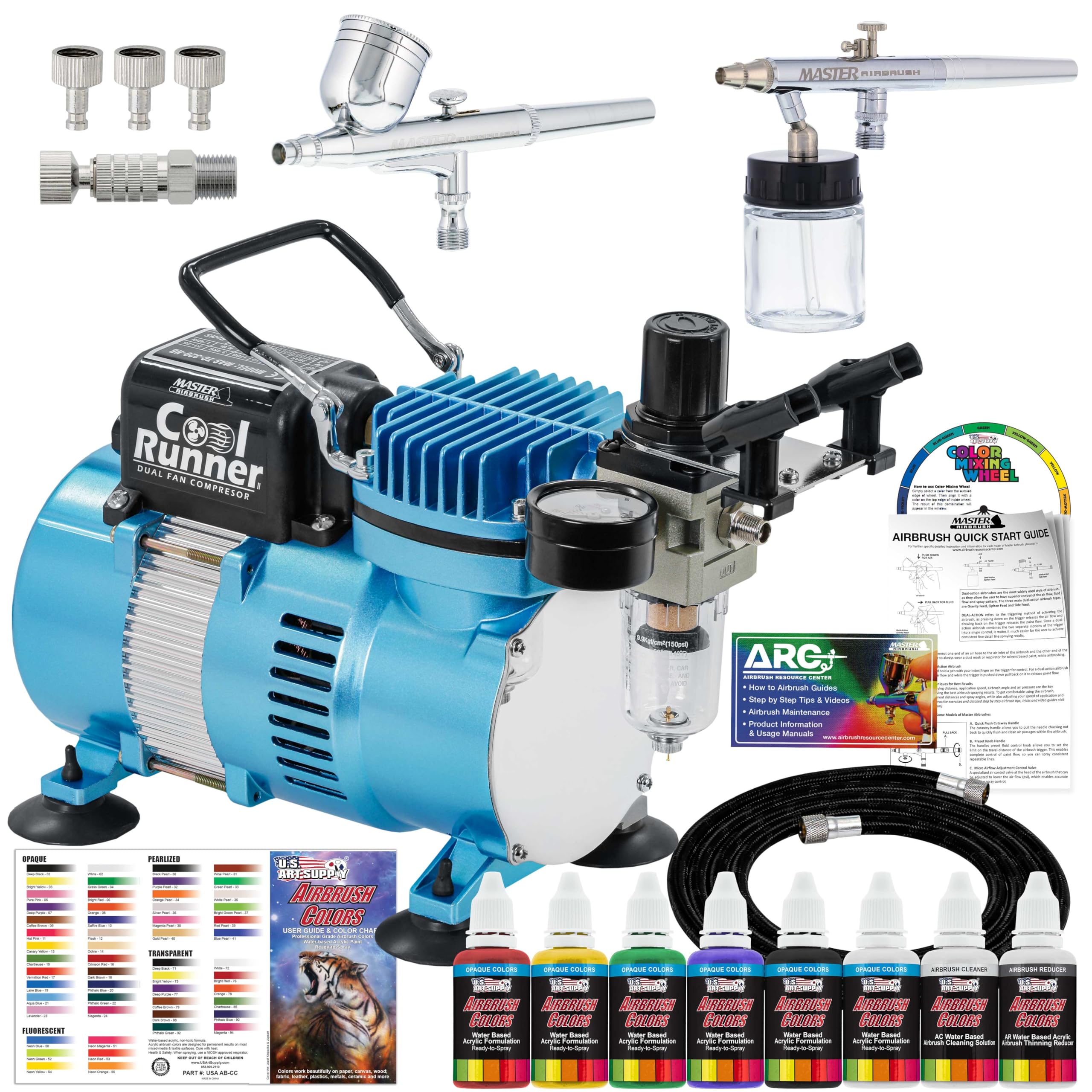 Master Airbrush Cool Runner II Air Brush Kit with Dual Fan Compressor & 2 Airbrushes - Includes 6 Primary Acrylic Paint Colors Artist Set, How-To