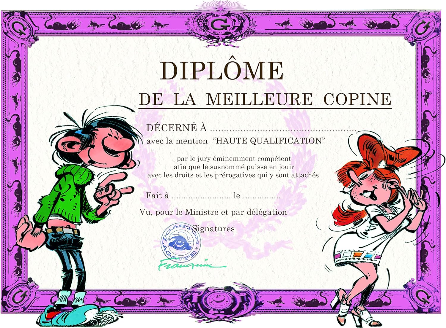 Gaston Lagaffe Double Card with Envelope - Diploma of Best Friend Pote - Friendship Mlle Mademoiselle Jeanne Belle Robe - for Girl Woman