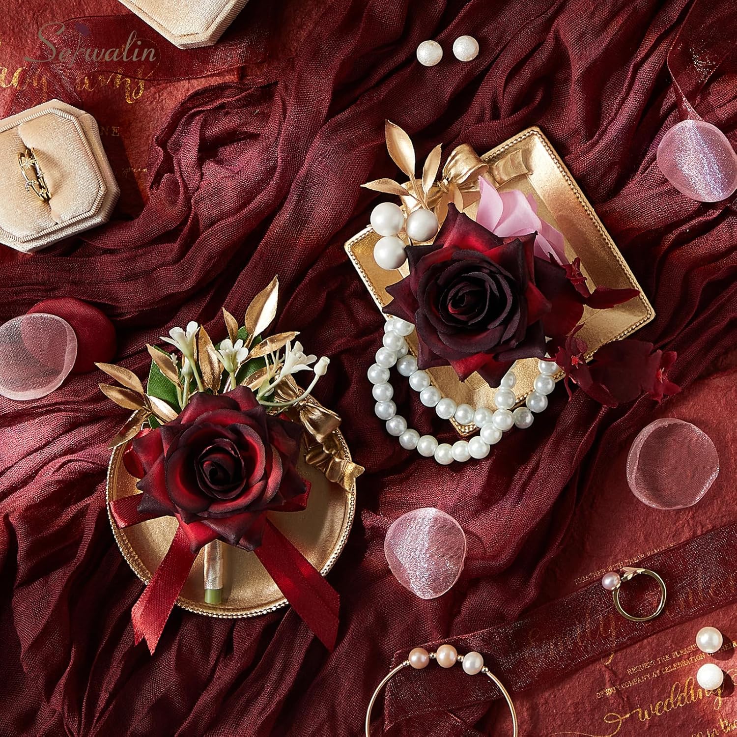 Serwalin Corsage and Boutonniere Set, Burgundy Wrist Corsage for Prom and Boutonniere for Men Wedding Artificial Flowers Rose Flowers for Homecoming Wedding Accessories - Image 3