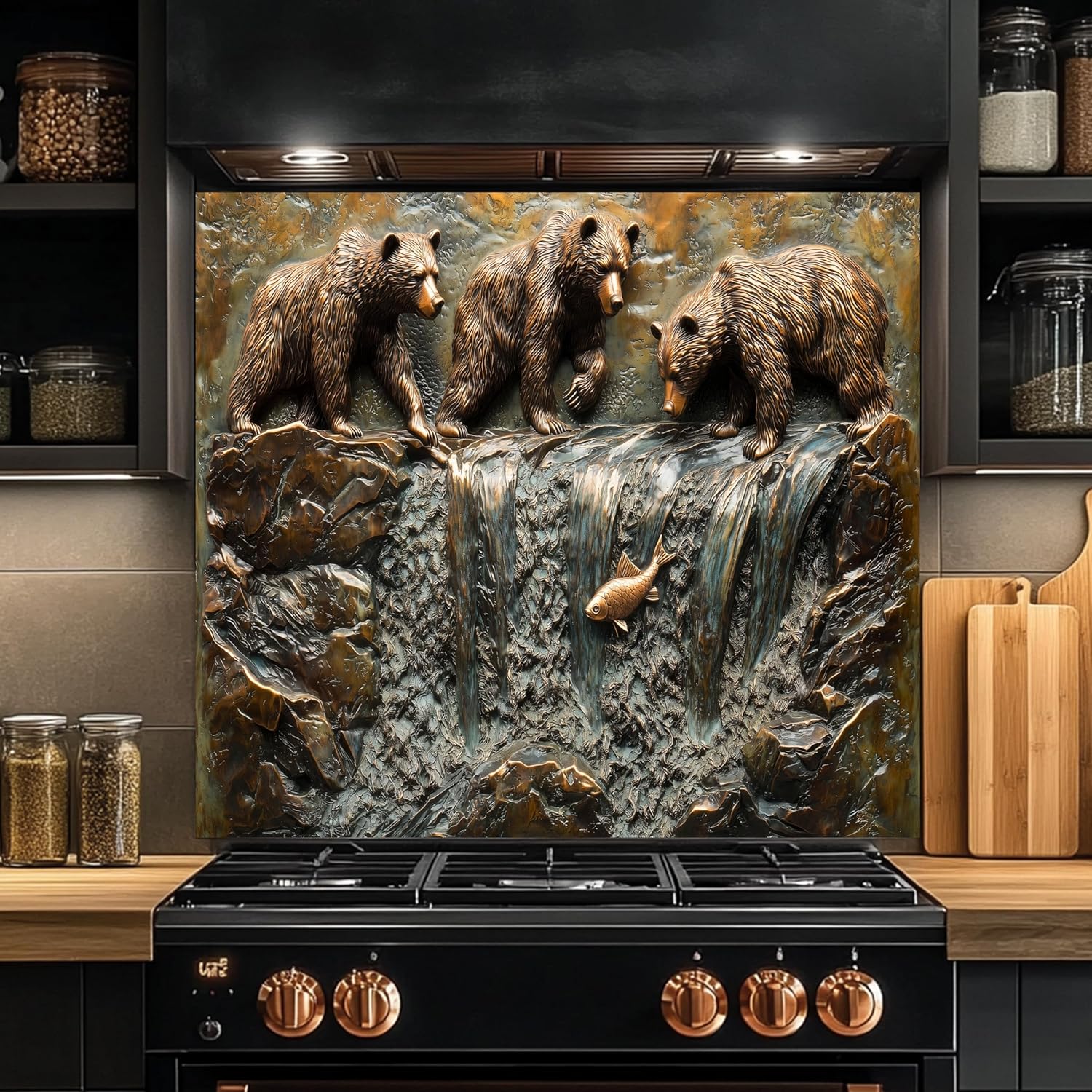 Tempered Glass Backsplash for Kitchen, Grizzly Bears & Waterfall Design Glass Backsplash, Copper Look Backsplash for Kitchen Wall, Rustic Kitchen Backsplash, Easy to Install Stove Backsplash