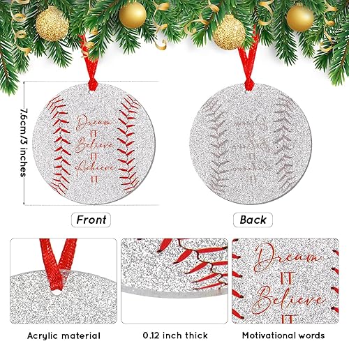 Miniatura 9 de Roowest 24 piezas de adornos de sóftbol de Navidad para árbol de Navidad, adorno redondo de acrílico con purpurina, decoración colgante para árbol