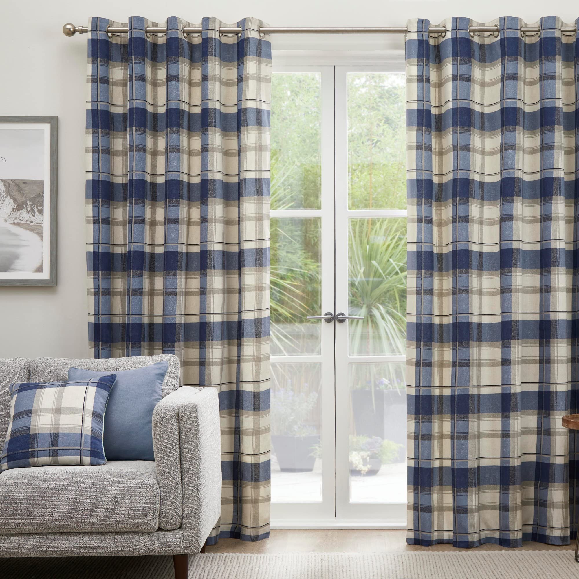 Fusion Dark Blue - Blue Tartan Curtains W46 X L54" (117 X 137Cm) - 100% Cotton - 2X Panels - Sapphire Blue Checkered Curtains - Blue Eyelet Curtains In Plaid Pattern - Curtains For Living Room/Bedroom 137Cm