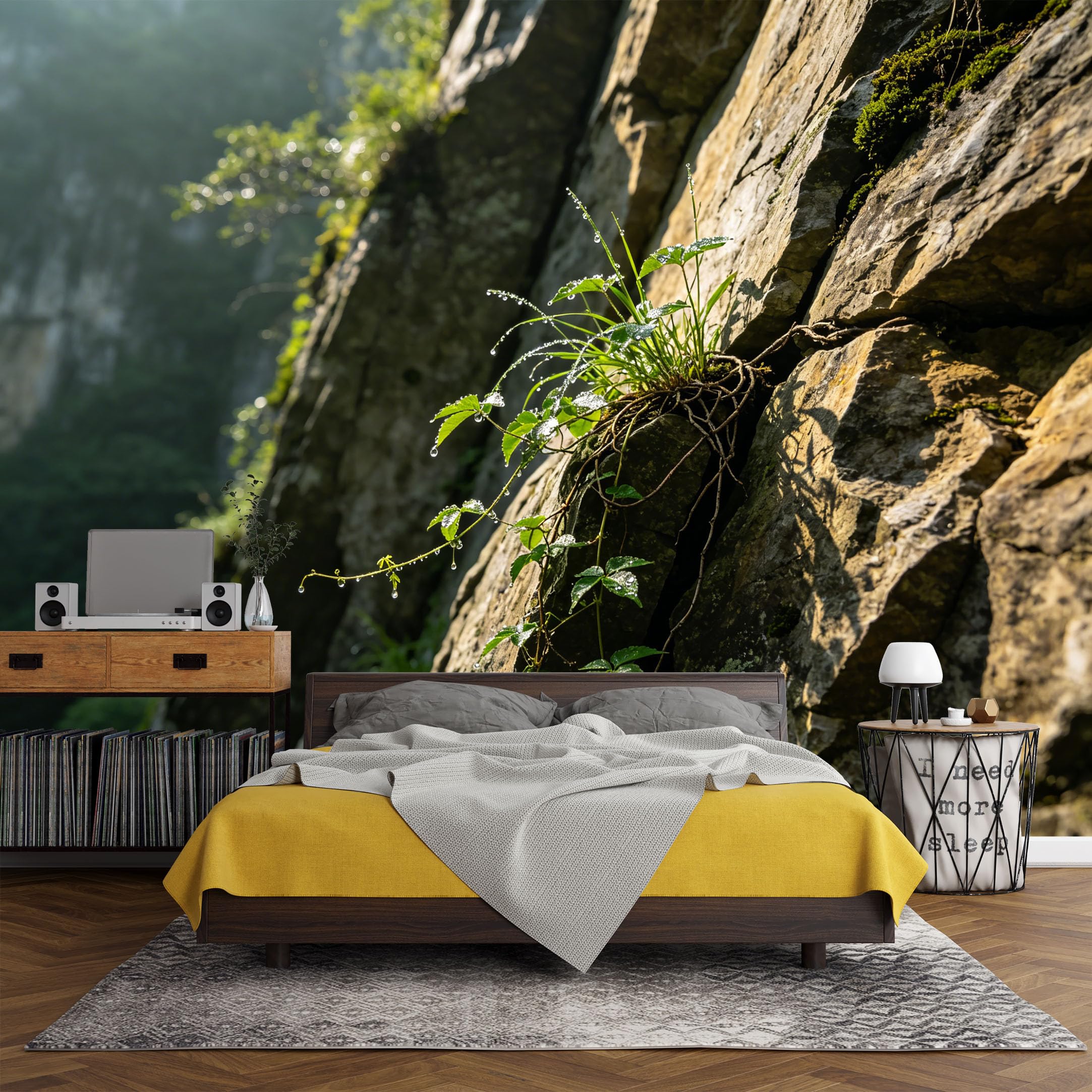 Custom Size Wall Mural， Mountain Cliff Moss Vine Natural Landscape Botanical Art，SelfAdhesive Art Prints wall Fabric (No PVC) Removable Wallpaper Living Room Decor