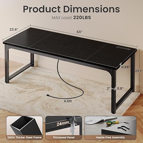 Miniatura 2 de Huuger Escritorio de 63 x 24 pulgadas con tomas de corriente y USB-C, Escritorio más profundo y grueso, Tubos de metal robustos, Escritorio para