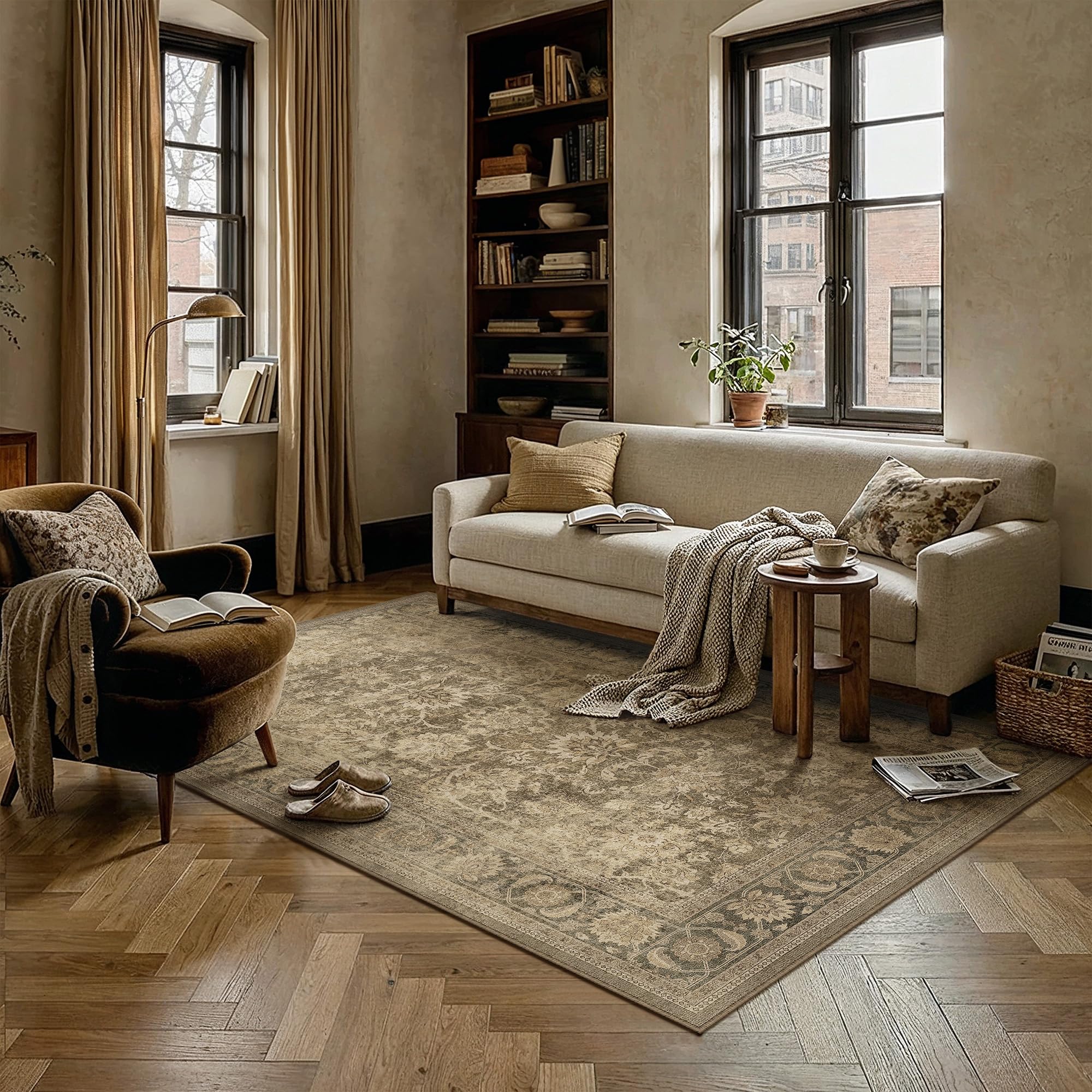 PureCozy Brown Rugs Living Room Large Washable Rug 120x170cm Non Slip Carpet for Bedroom Vintage Carpets Office Kitchen Dining Room Indoor Soft Low Pile Mat