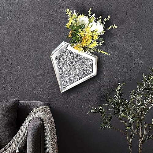 Miniatura 5 de Florero colgante de diamante triturado y contenedor con espejo de decoración geométrica, juego de 2 jarrones decorativos en forma de diamante de