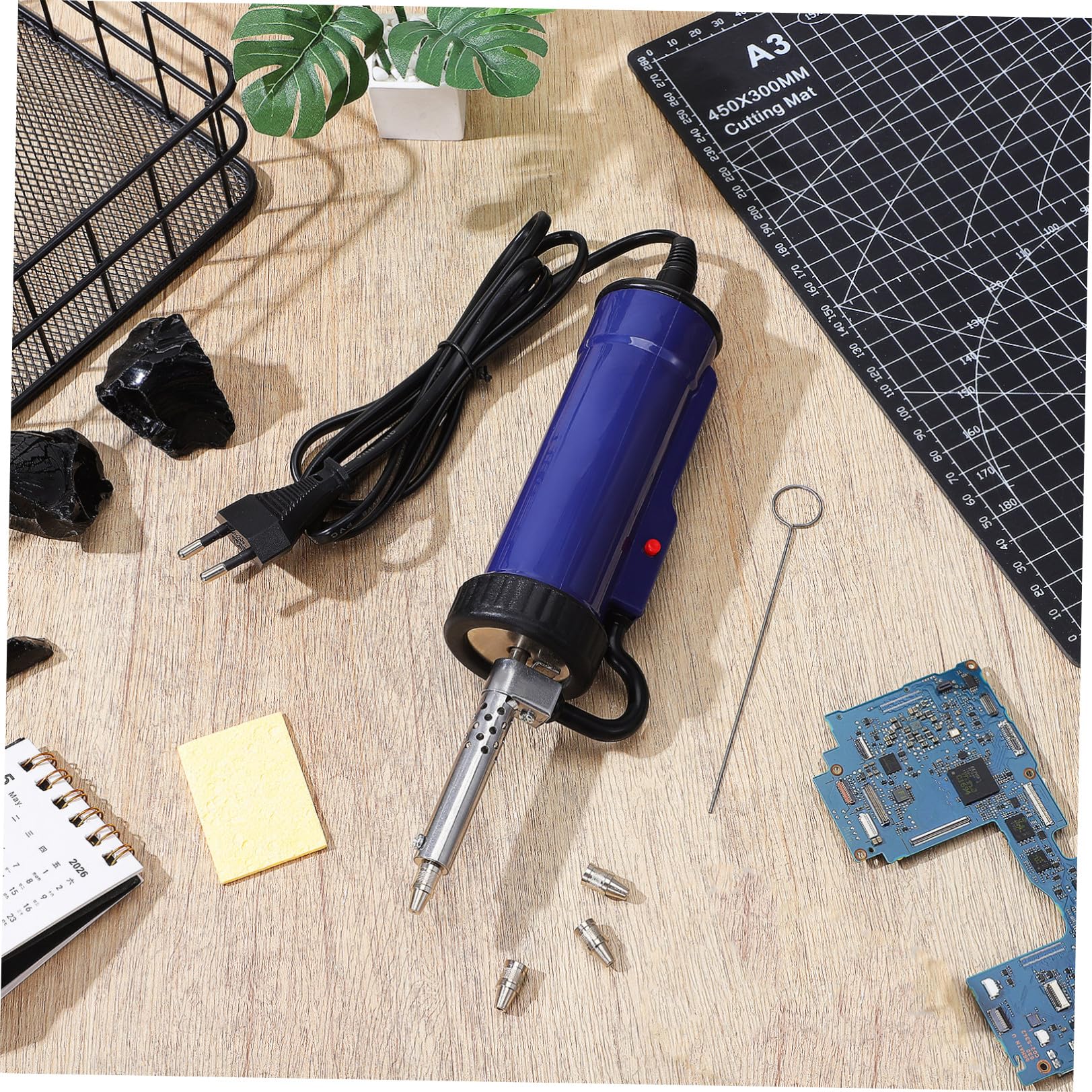 Bomba Desoldadora Eléctrica 350w Ac220 Portátil Azul | Calentamiento Rápido y Absorción de Estaño, Boquilla de Succión y Puntas Reemplazables, Acero Inoxidable Cobre Eva