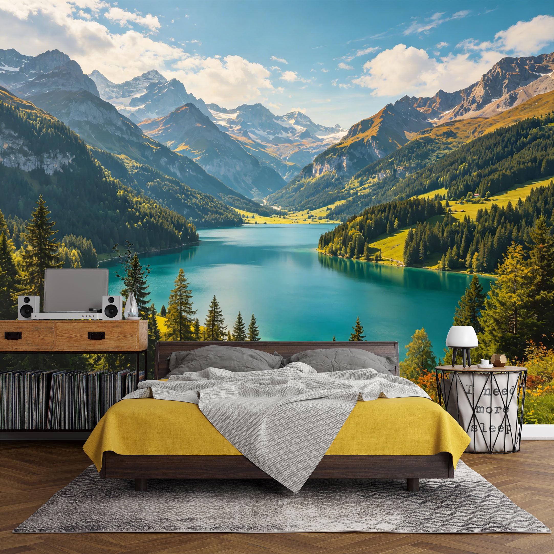 Custom Size Wall Mural， Mountain Lake Forest Landscape Alpine Nature Scenery，SelfAdhesive Art Prints wall Fabric (No PVC) Removable Wallpaper Living Room Decor