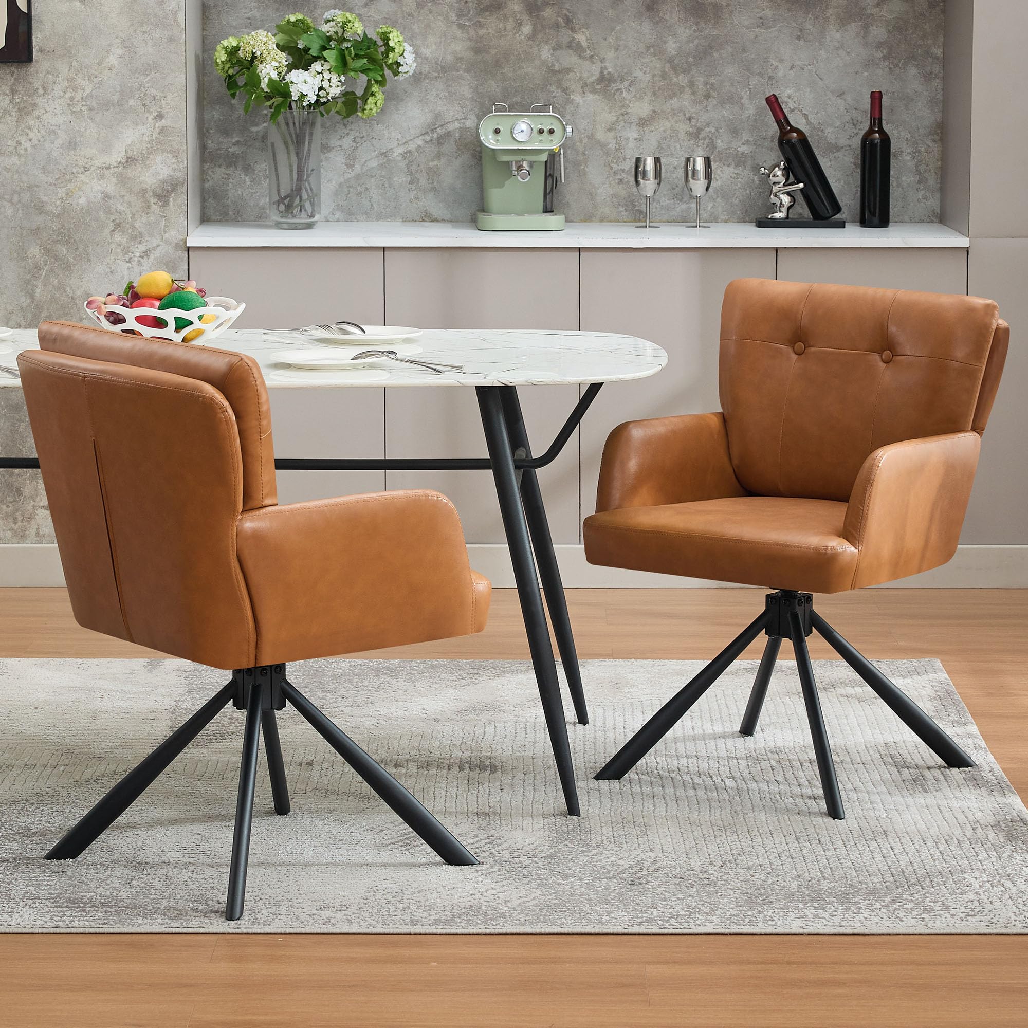 Faux Leather Dining Chair Set of 2 Modern Upholstered Swivel Dining Room Chairs Comfy Accent Armchair with Mid Back, Desk Arm Chair No Wheels for Kitchen/Living Room/Home Office, Brown
