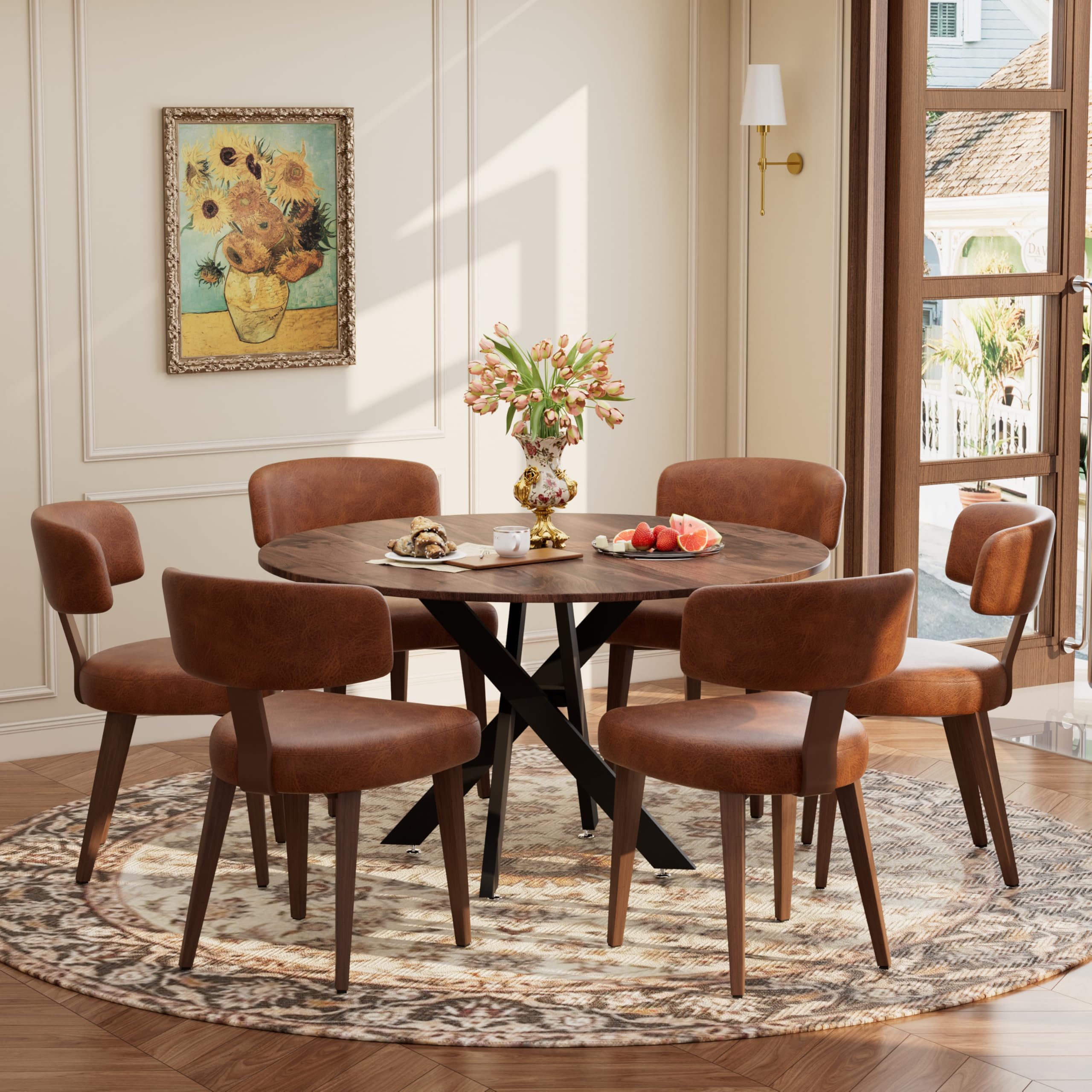 Wood Dining Table Set for 6, 47" Round Kitchen Table with 6 Faux Leather Dining Chairs, MDF Tabletop with Metal Legs, Ergonomic Dining Chair with Metal Legs(Woodgrain Table with Brown Chairs)