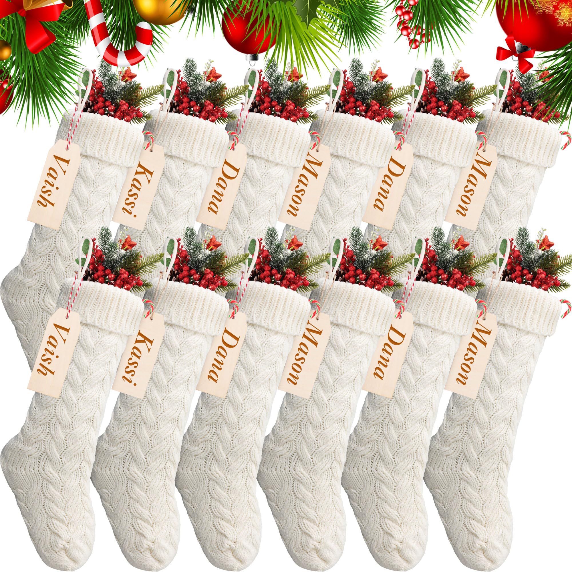 Weihnachtsstrumpf Gestrickter Strumpf Zopfstrick Weihnachtsstrumpf und Holzanhänger Kleine Holzstücke Blank mit Seil für Familie Urlaub Dekor (Weiß, 12 Stück)