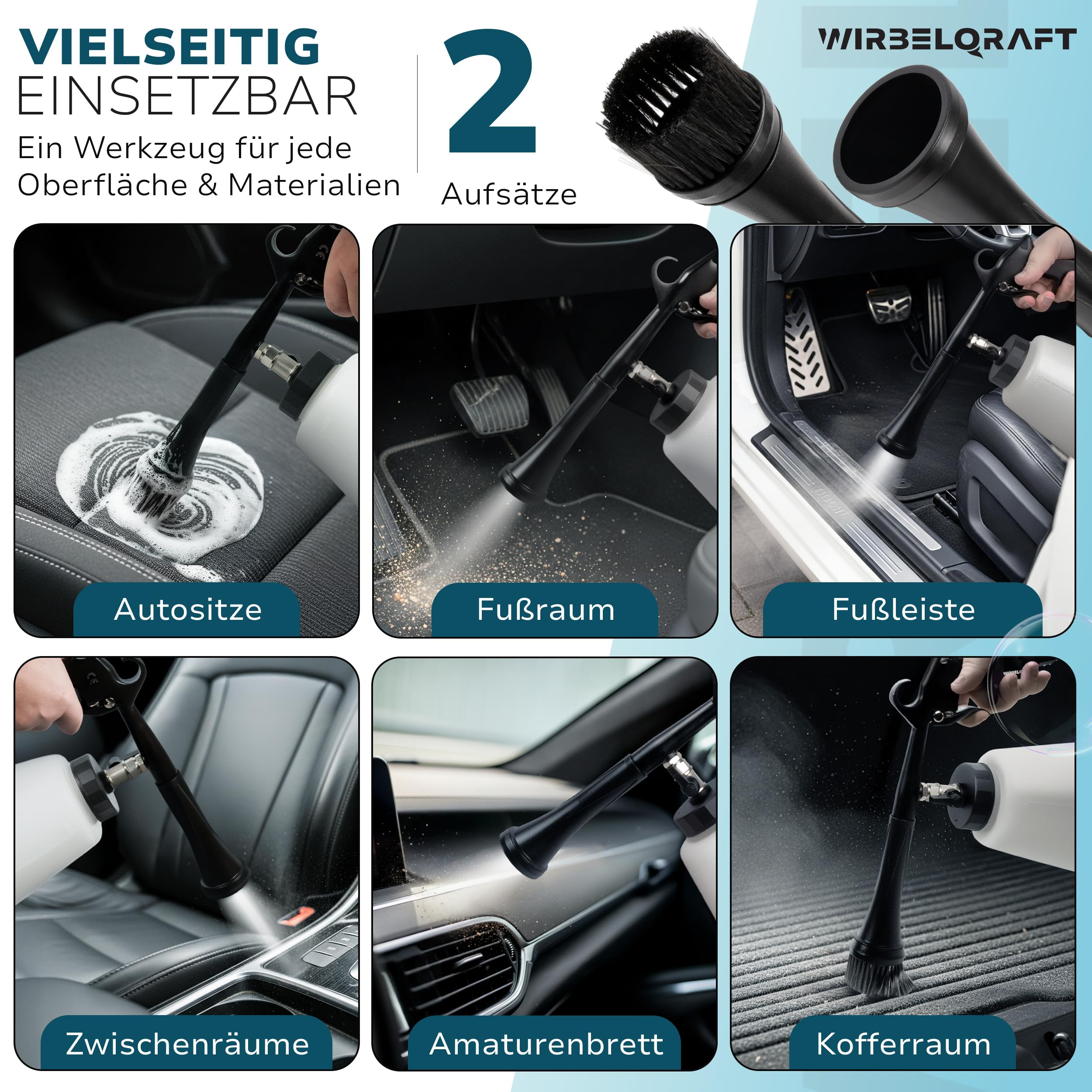 Wirbelqraft® Druckluft Reinigungspistole – robuste Ausblaspistole mit Wirbel-Effekt für wirkungsvolle Auto/KFZ-Innenreinigung – Komplett-Set mit 1L Füllbehälter, Bürstenaufsatz & Luftdruckpistole
