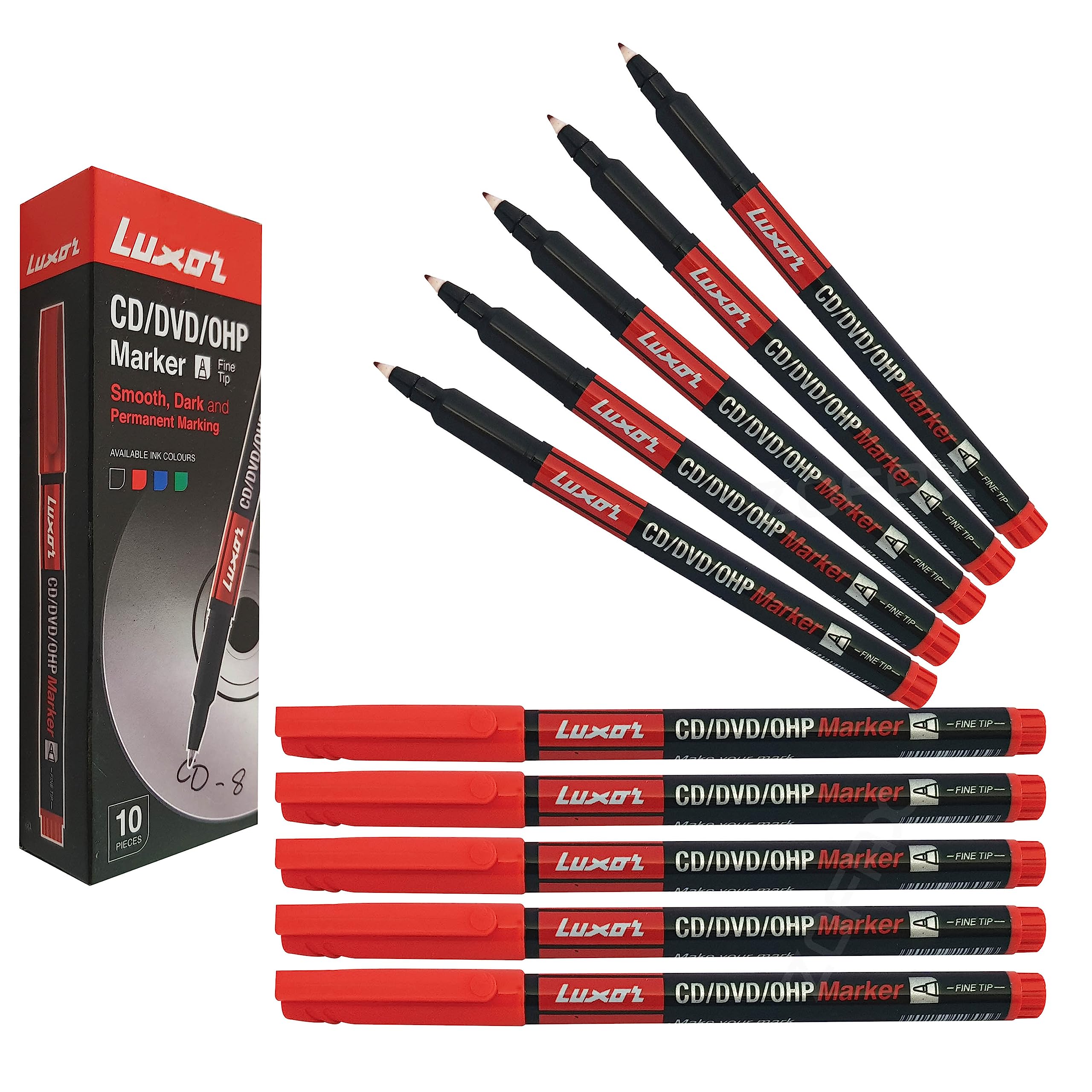 Back2School LUX123-FT Permanent Marker Pens, Fine Tip, RED, Pack of 10, CD DVD OHP Write-4-All Markers, Waterproof Ink, Quick Dry, ZOFAX Black Ball Pen