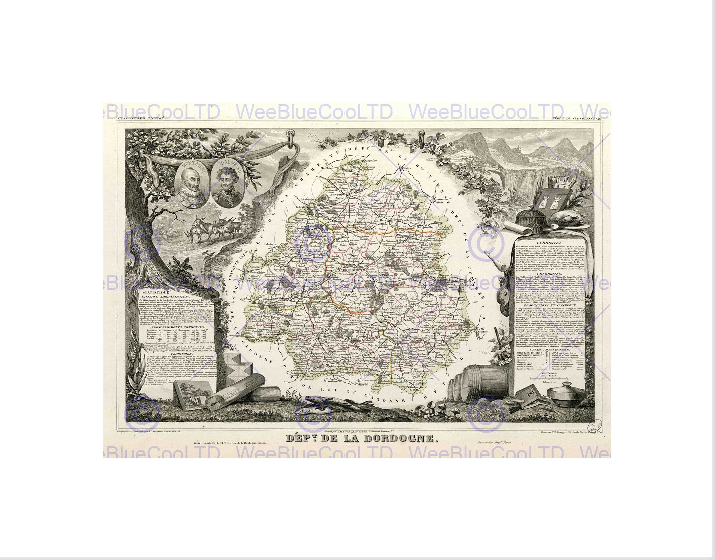 Wee Blue Coo MAP OLD FRANCE LEVASSEUR DORDOGNE DEPARTMENT BLACK FRAMED ART PRINT B12X3625