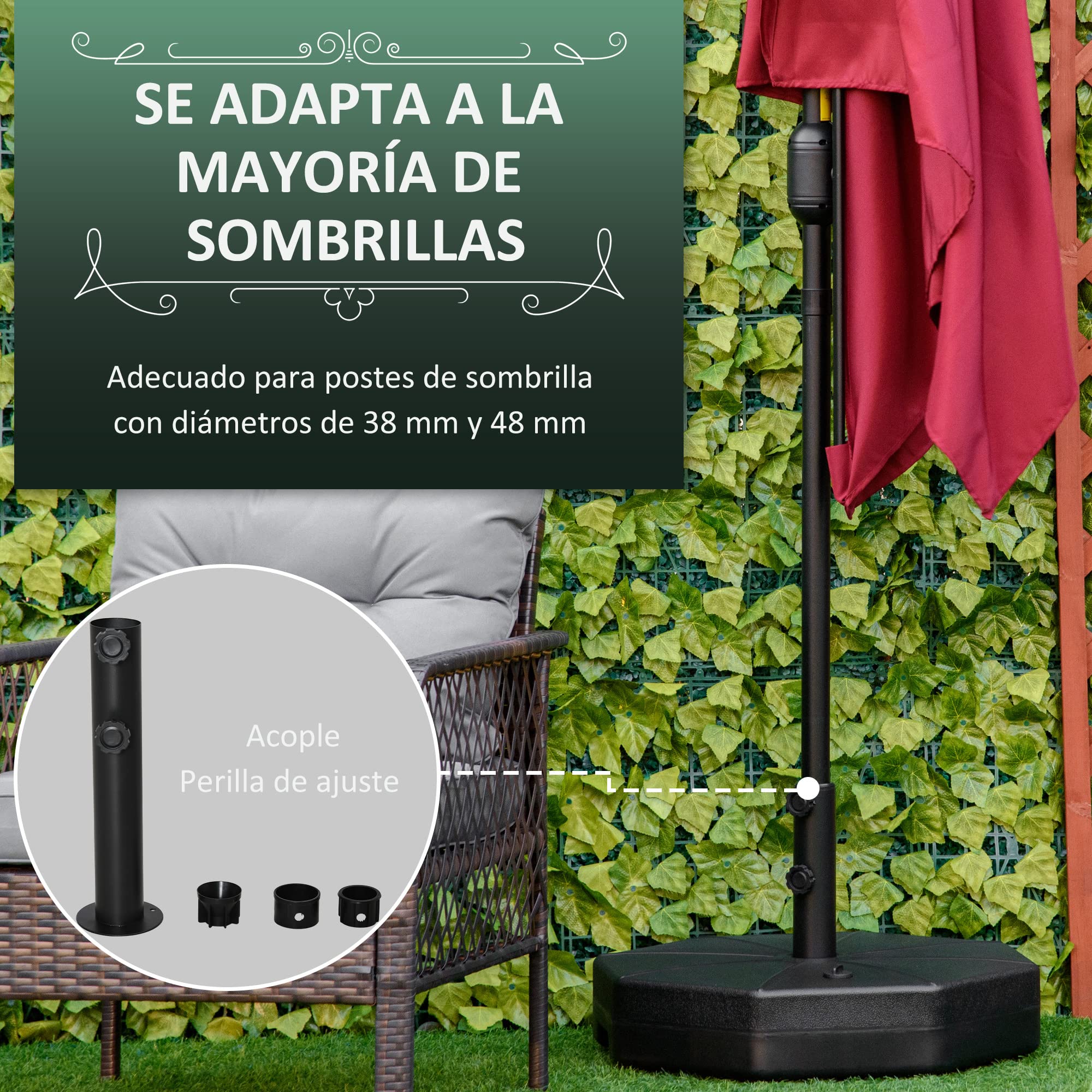 Outsunny Base para Sombrillas Rellenable de Agua 28 kg o Arena 40 kg Soporte de Parasol Octagonal Apto para Postes de 38mm 48 mm para Jardín Terraza Ø60x36 cm Negro