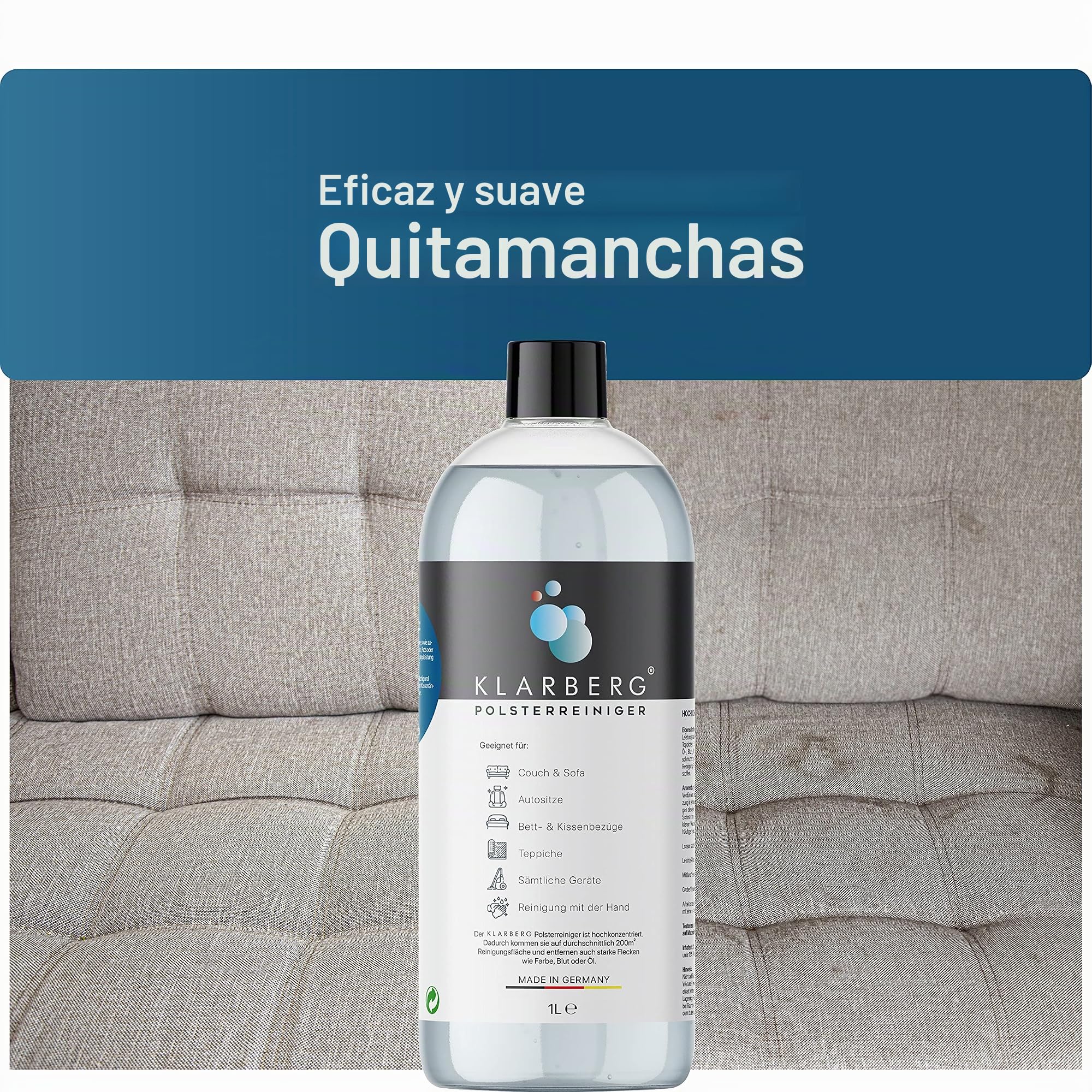 KLARBERG 1L Limpiador Textil Concentrado para Sofá Alfombras y Asientos de Coche | Limpia sofá alfombra asientos de coche y moqueta profundamente. Fórmula concentrada compatible con dispositivos y uso manual.