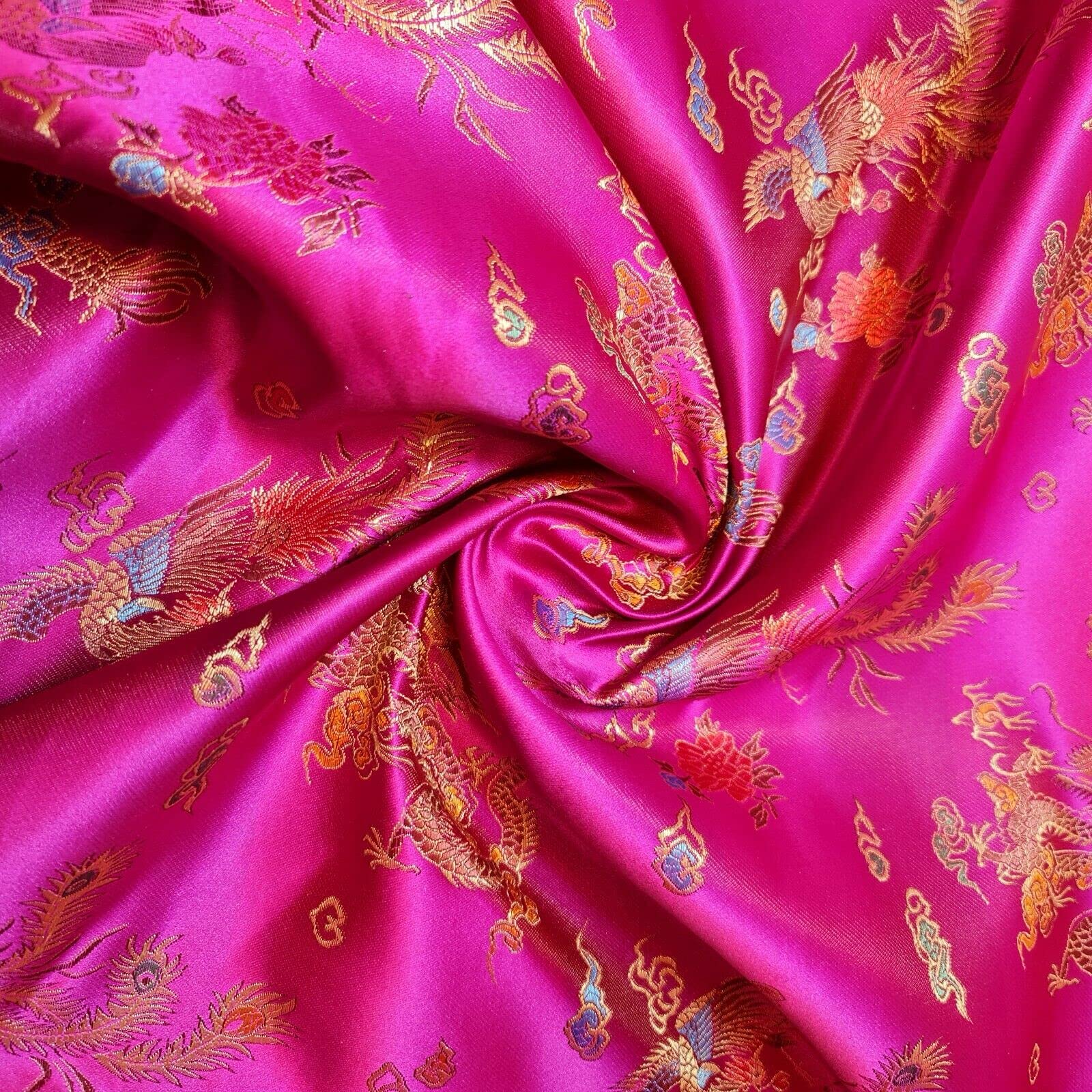 Discount Fabrics Ltd Cerise Chinese Brocade Fabric Traditional Dragon Dress Embroidered Silk Satin Oriental (Cerise)