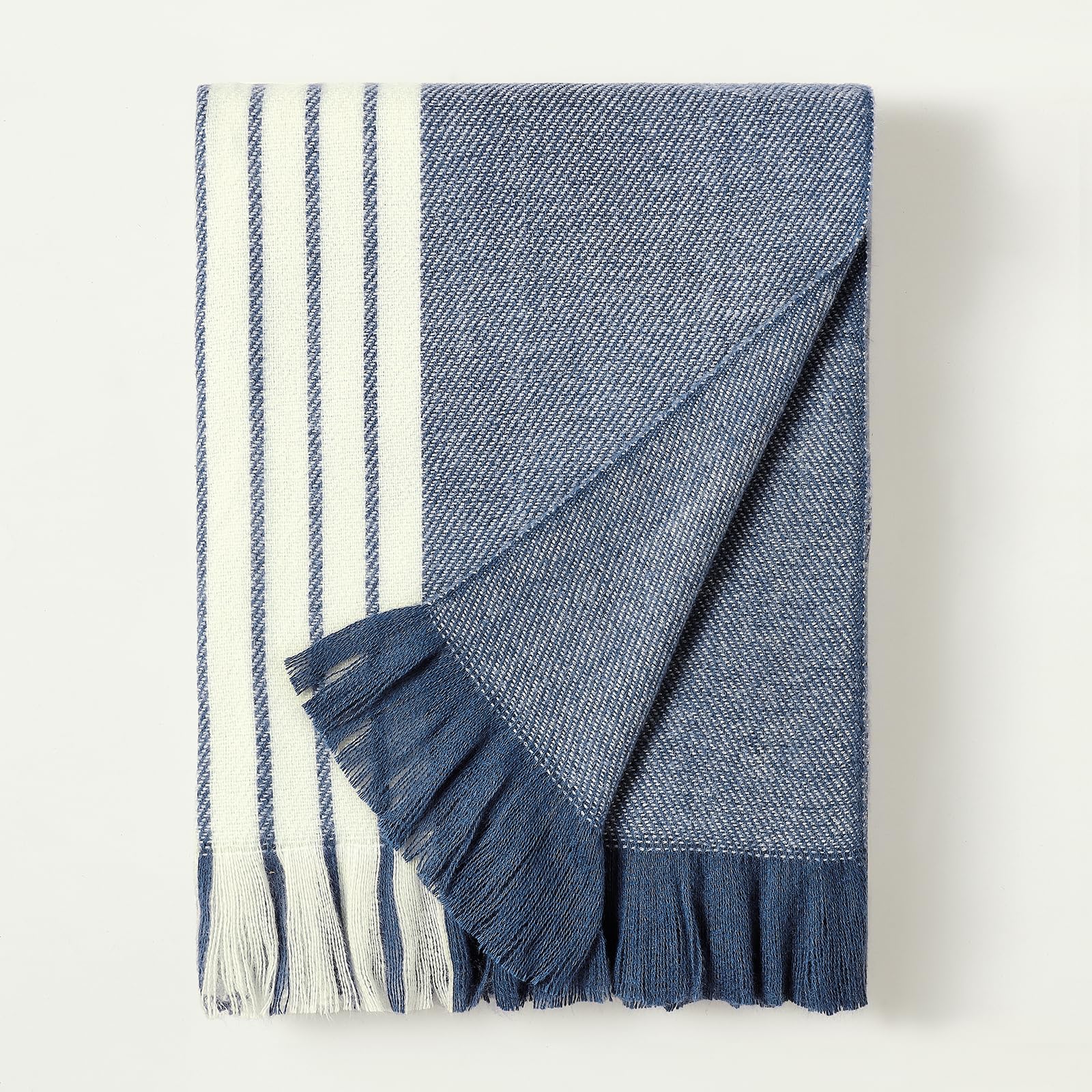 BOURINA Brushed Stripe Knit Fringe Throw Blanket Blue 127x152cm โ image 1