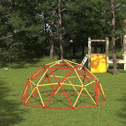Miniatura 2 de Escalador de cúpula geométrica, juego para niños pequeños al aire libre, gimnasio de jungla para exteriores, soporta 500 libras (rojo + amarillo, 7
