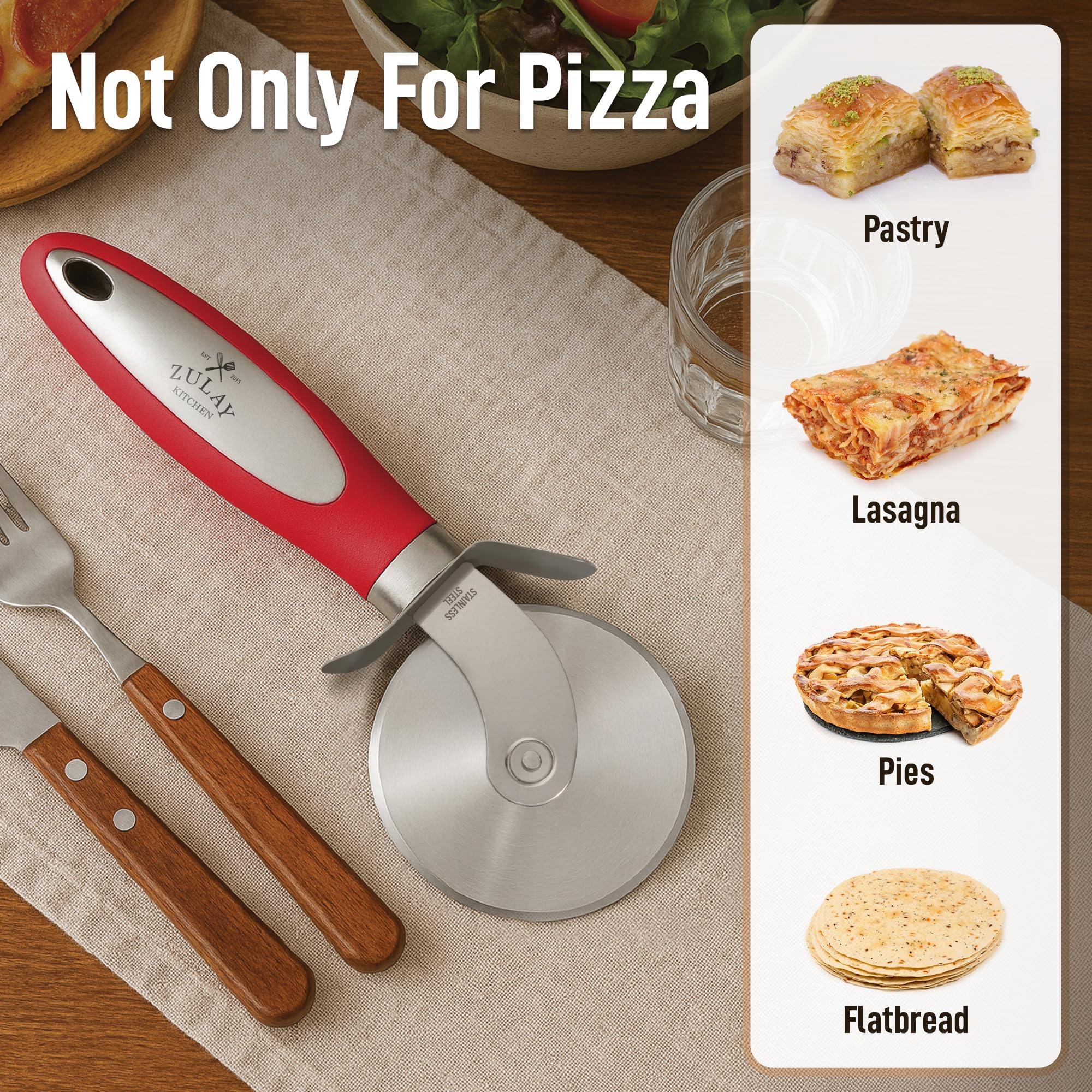 Zulay Kitchen Gran rueda para cortar pizza, cortador de pizza de acero inoxidable premium, fácil de limpiar y cortar, rueda para pizza, súper afilado, mango antideslizante y apto para lavavajillas,