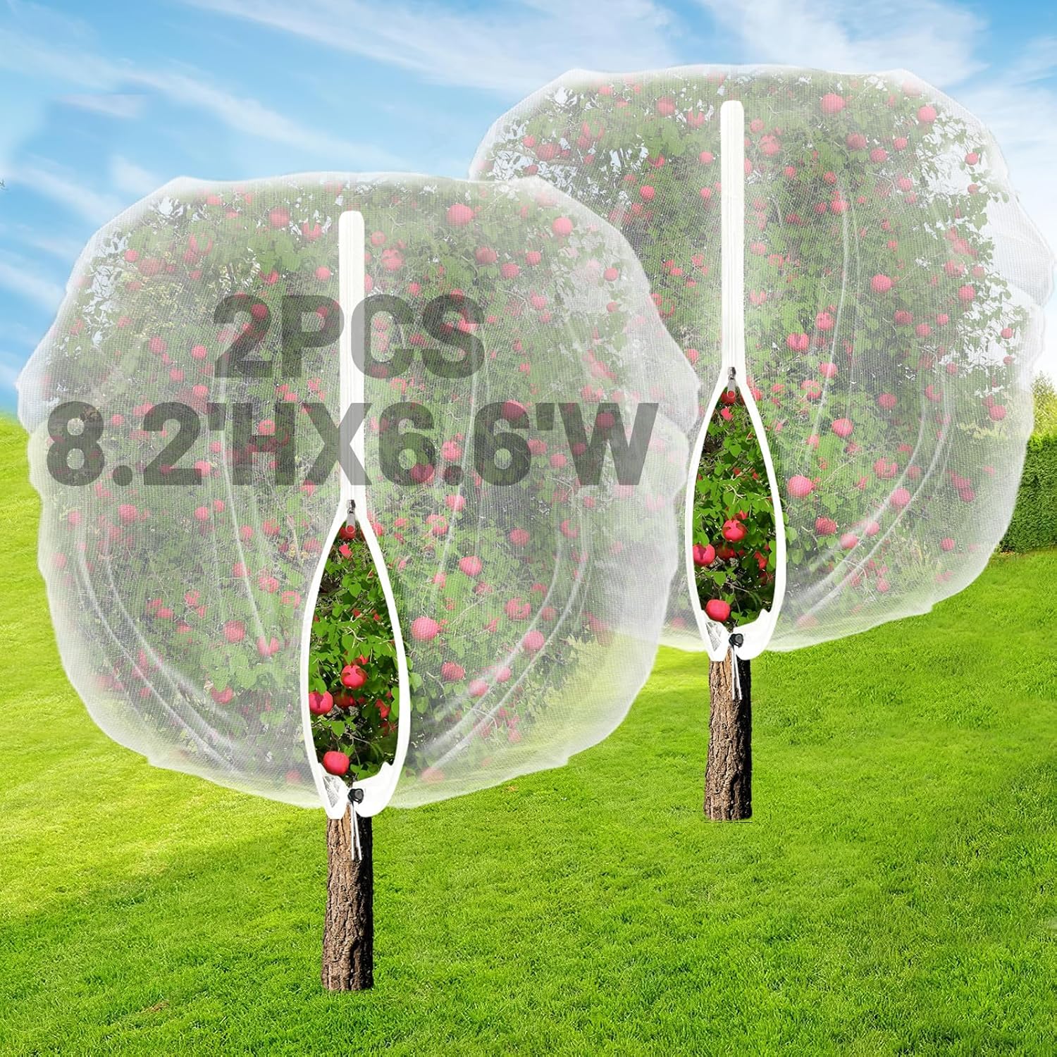 Easy Installation Fruit Tree Netting with Zipper & Drawstring - 8.2x6.6ft Ultra Fine Mesh Garden Protection Screen to Protect Pear Peach Apple from Bird Insect Bug Cicada Deer Squirrel - 2pcs