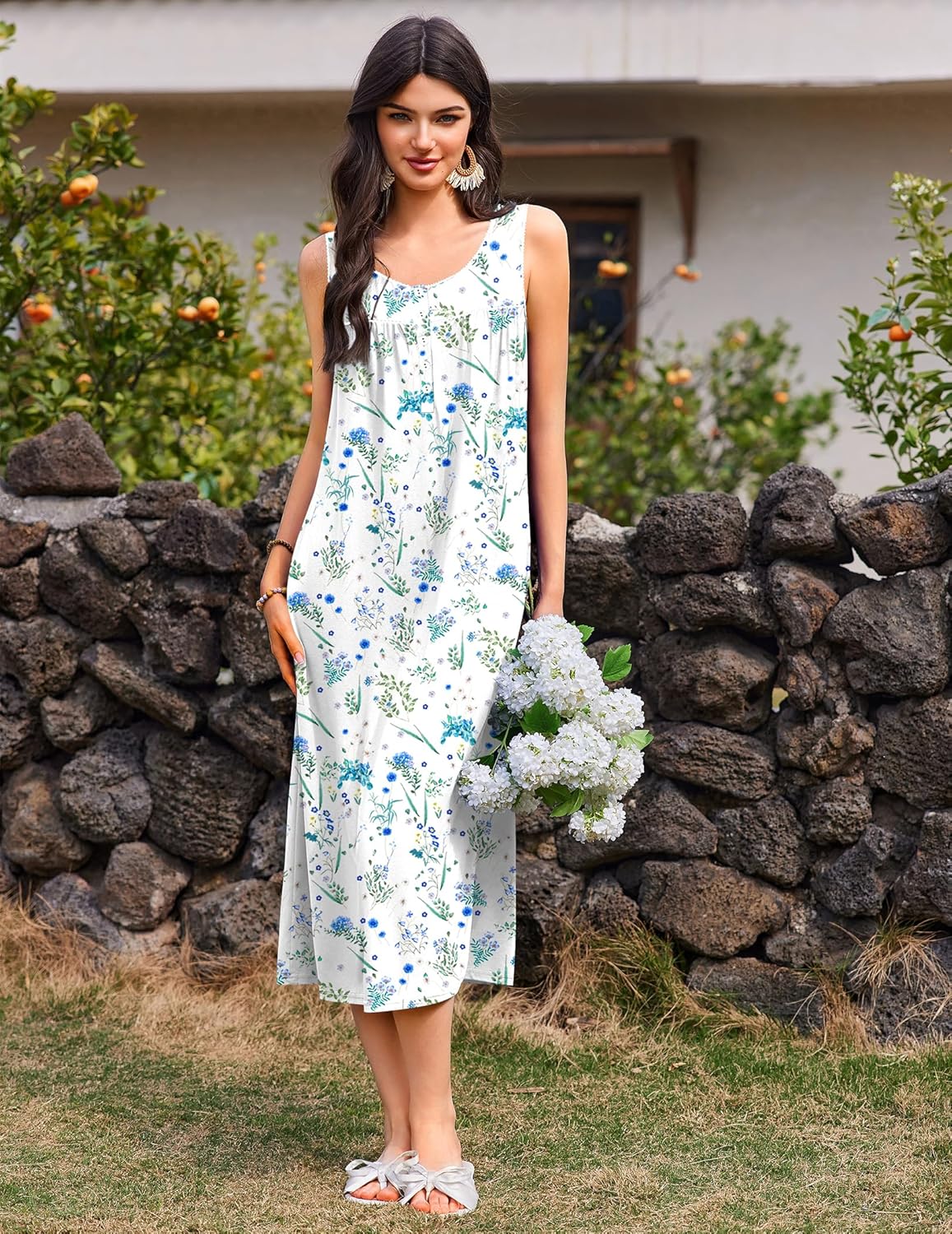 Ekouaer Nightgowns for Women Long Sleeveless Night Gowns Ladies Soft Nightdress Victorian Sleepwear with Pockets S-XXXL - Image 6