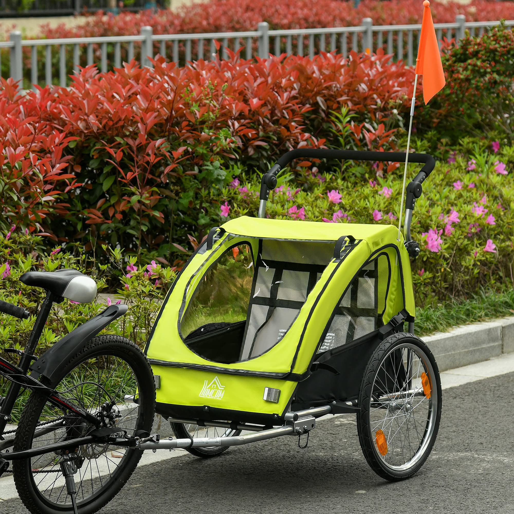 HOMCOM Remolque de bicicleta 2 en 1 con bolsa de almacenamiento de dos capas de tubo de acero oxford verde + negro, 160 x 84 x 106 cm
