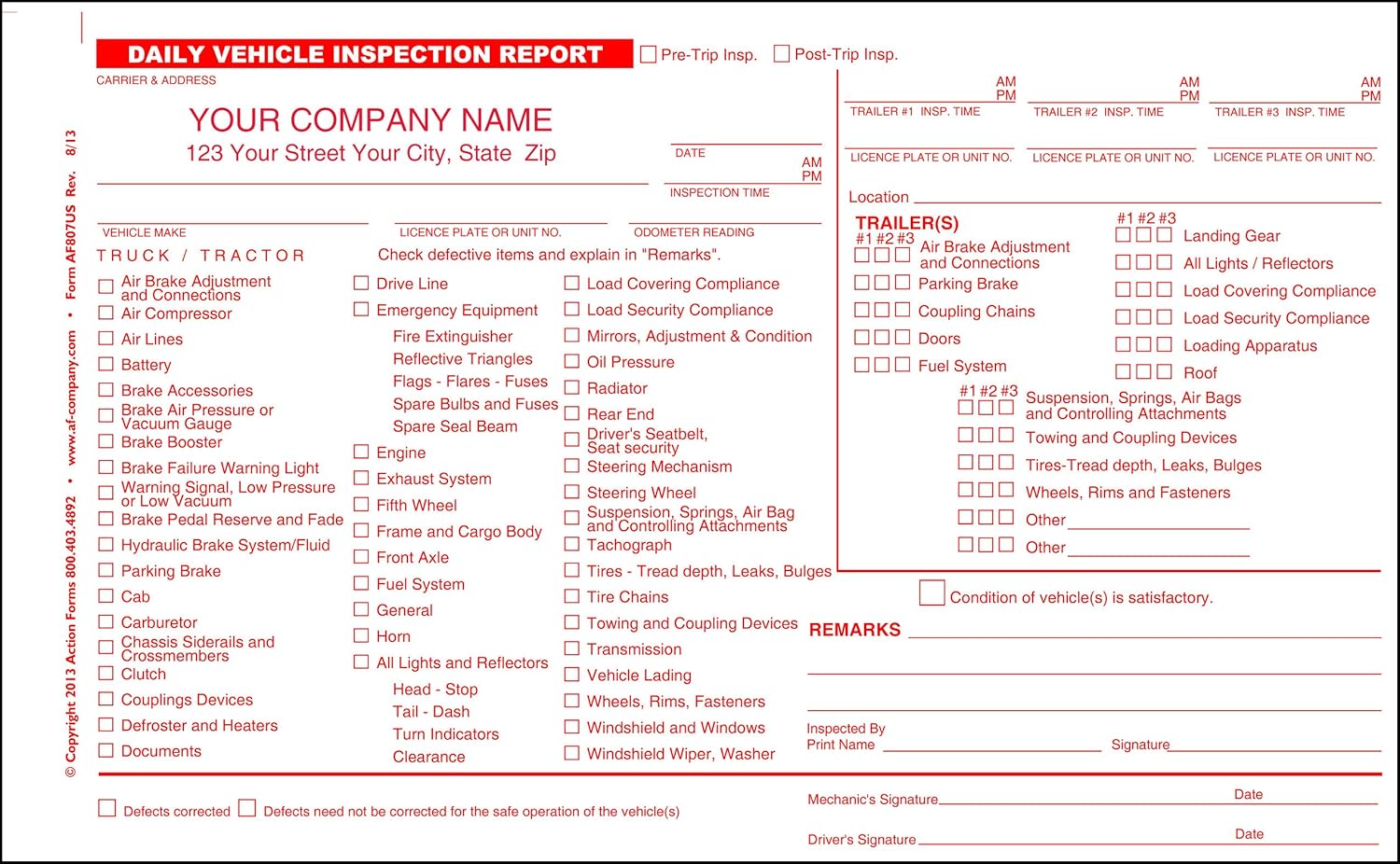 Daily Vehicle Inspection Report Detailed, 2 Copy Duplicate, Personalized (100 Books)