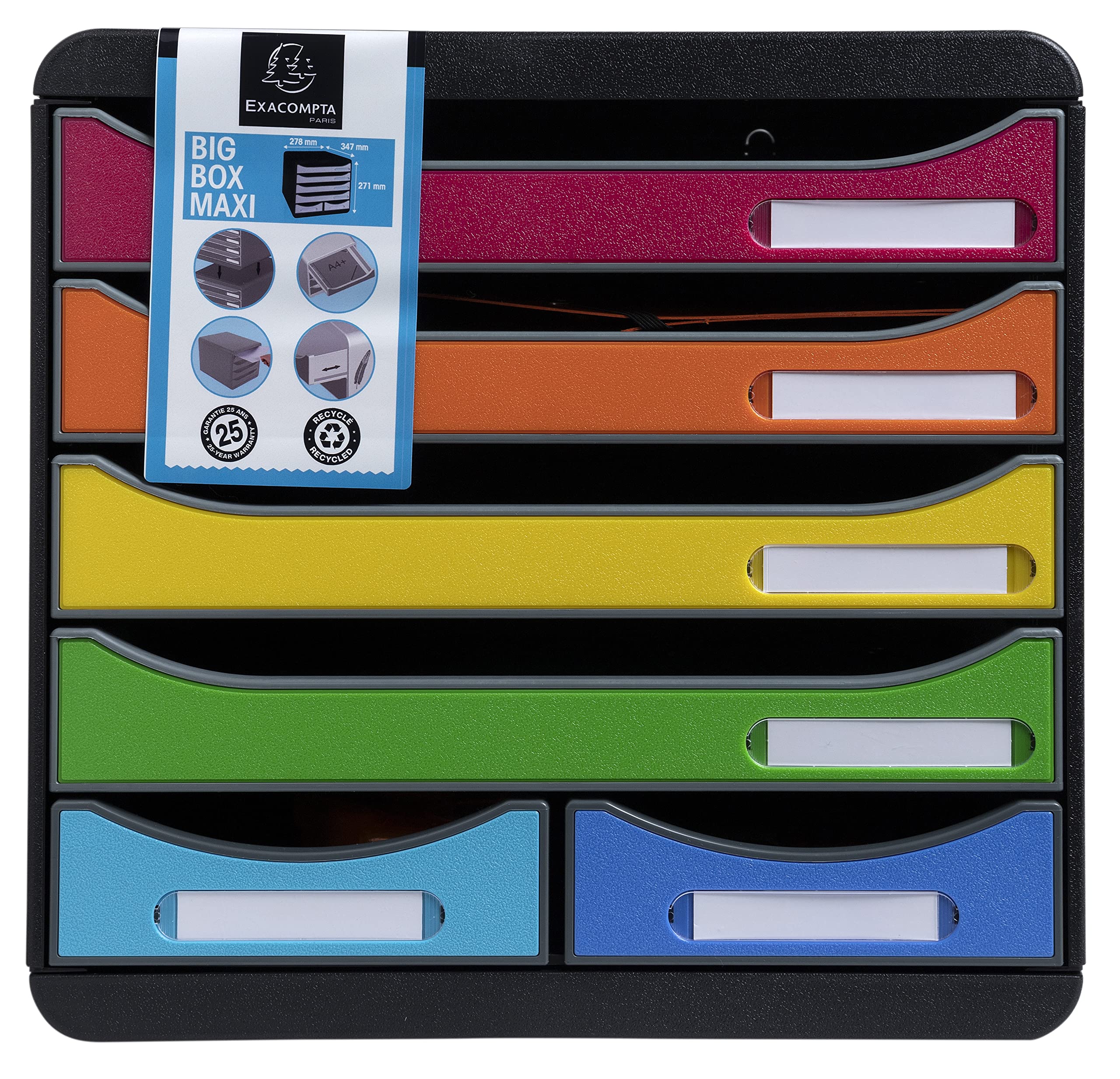 Exacompta - Ref. 312798D - BIG-BOX MAXI - 1 caja de 4 cajones para documento A4+ y 2 cajones pequeños para guardar utensilios - Dimensiones exteriores: 34,7 x 27,8 x 27,1 cm - Arlequin