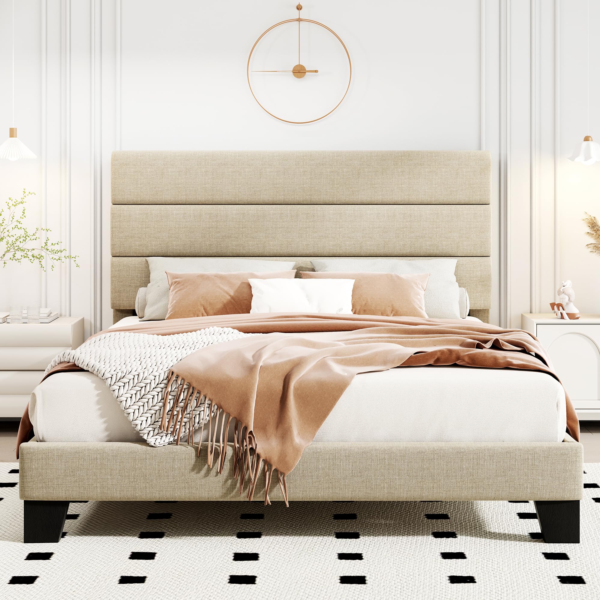 HOOMIC Queen Size Bed Frame with Headboard, Fabric Upholstered Platform Bed with Strong Wood Slats Support, Mattress Foundation, No Box Spring Needed,