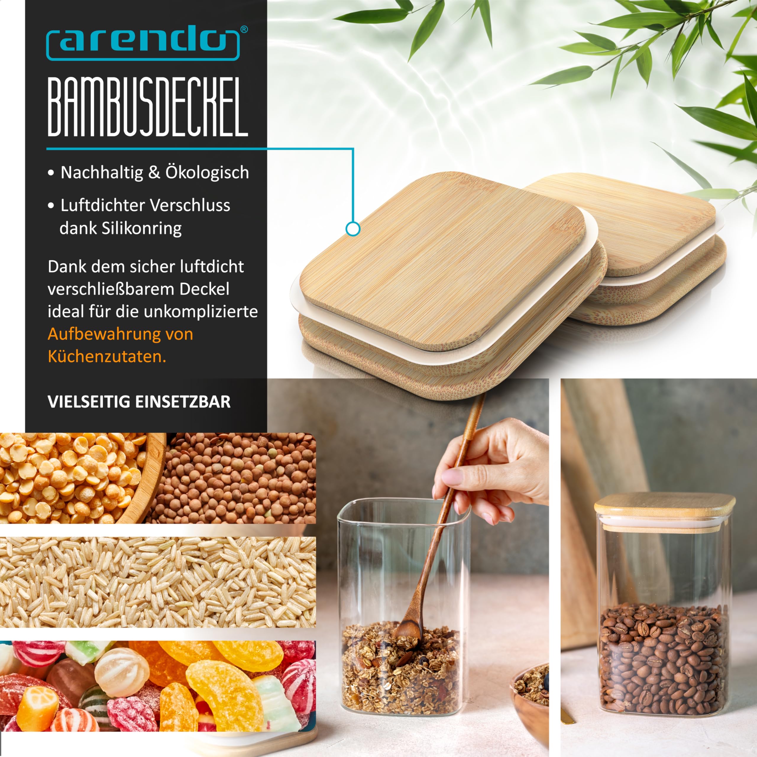 Arendo - Vorratsbehälter mit Deckel 1200ml - 10er Set - Behälter aus Glas – hitzebeständig – Vorratsdosen/Vorratsgläser mit Bambusdeckel - luftdicht - für Müsli Zucker Mehl Kaffee Reis