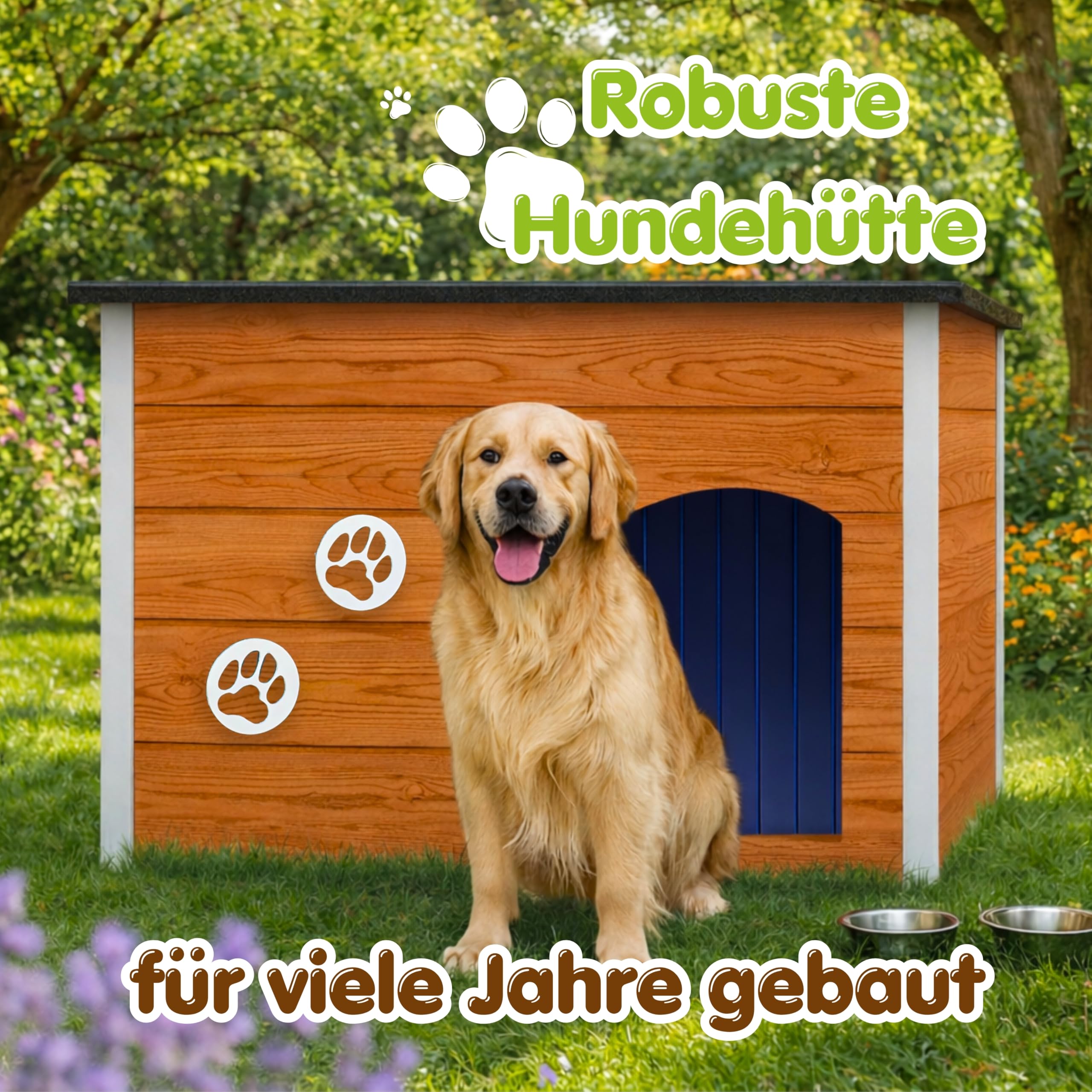 Outentin Hundehütte Outdoor Winterfest - Hundehaus für Große Hund - Isoliert und Wetterfest - Hunde Haus für Draußen mit zum Öffnen Flachdach - Stabile und Moderne Villa - 105 x 71 x 64cm - Teak