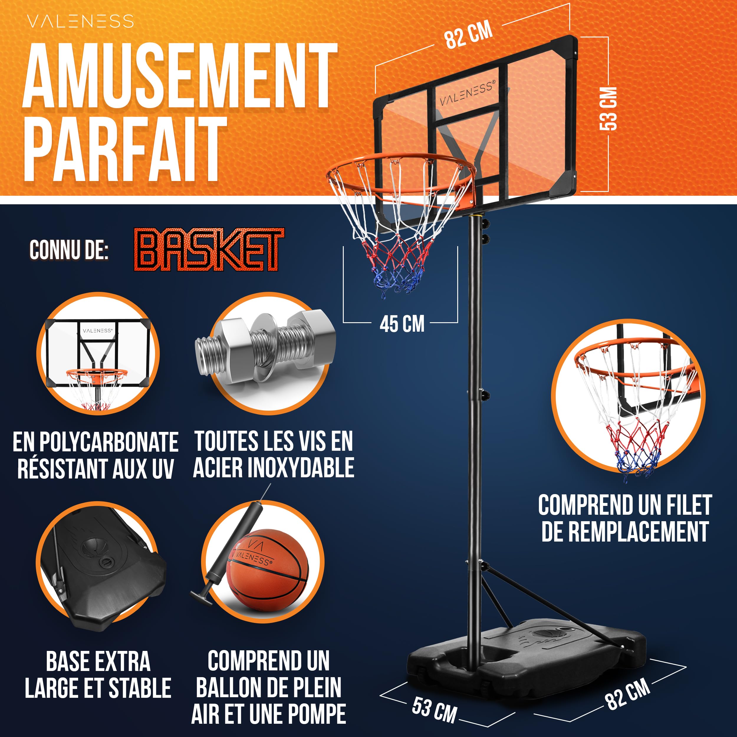 VALENESS® Panier de Basketball extérieur réglable [135-305 cm] - résistant aux intempéries, avec Ballon et Pompe – pour Enfants et Adultes