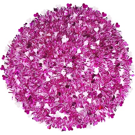 KIMOBER 33 Ft Valentine's Day Tinsel Garland,Roes Red White Heart Metallic Hanging Garland for Party Decoration Supply